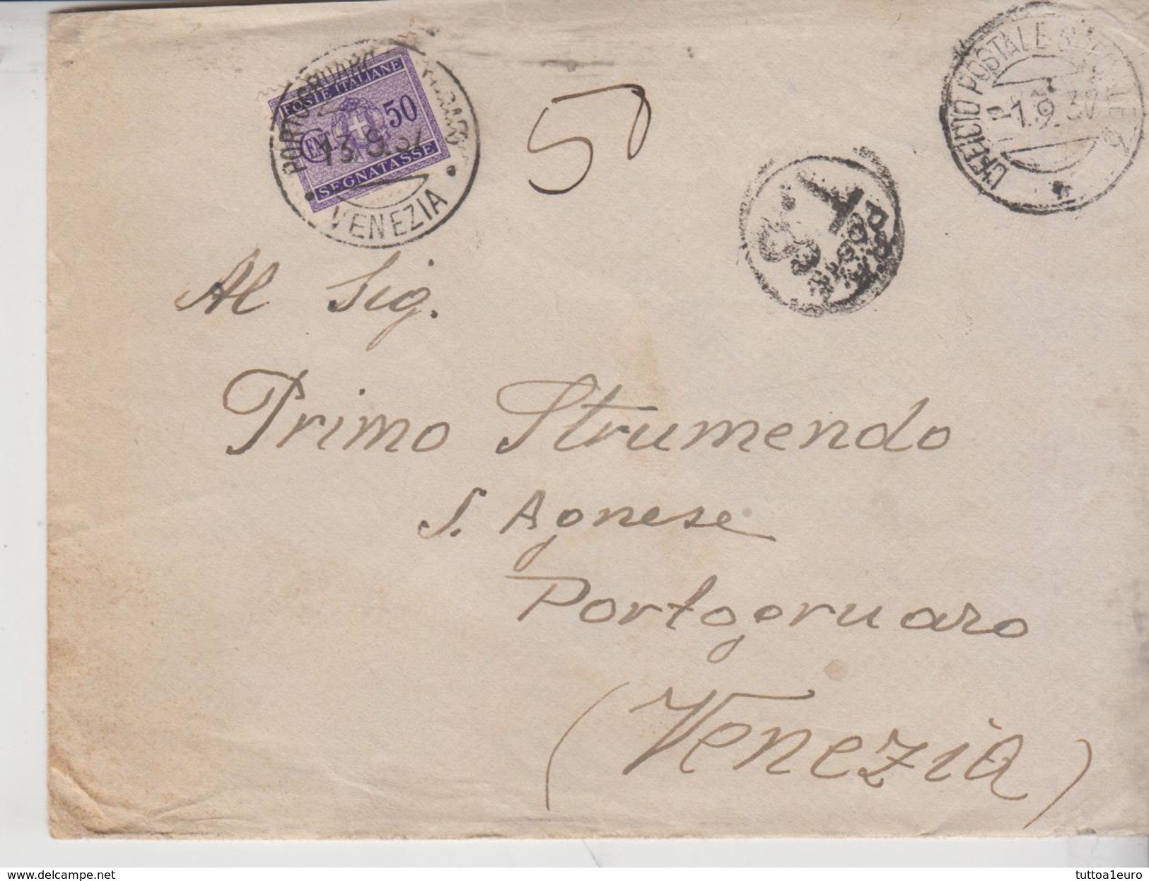 Regno 1/9/1937 Busta Anuulo Posta Speciale 3 Su Segnatasse Cent. 50 Per Portogruaro Venezia - Segnatasse