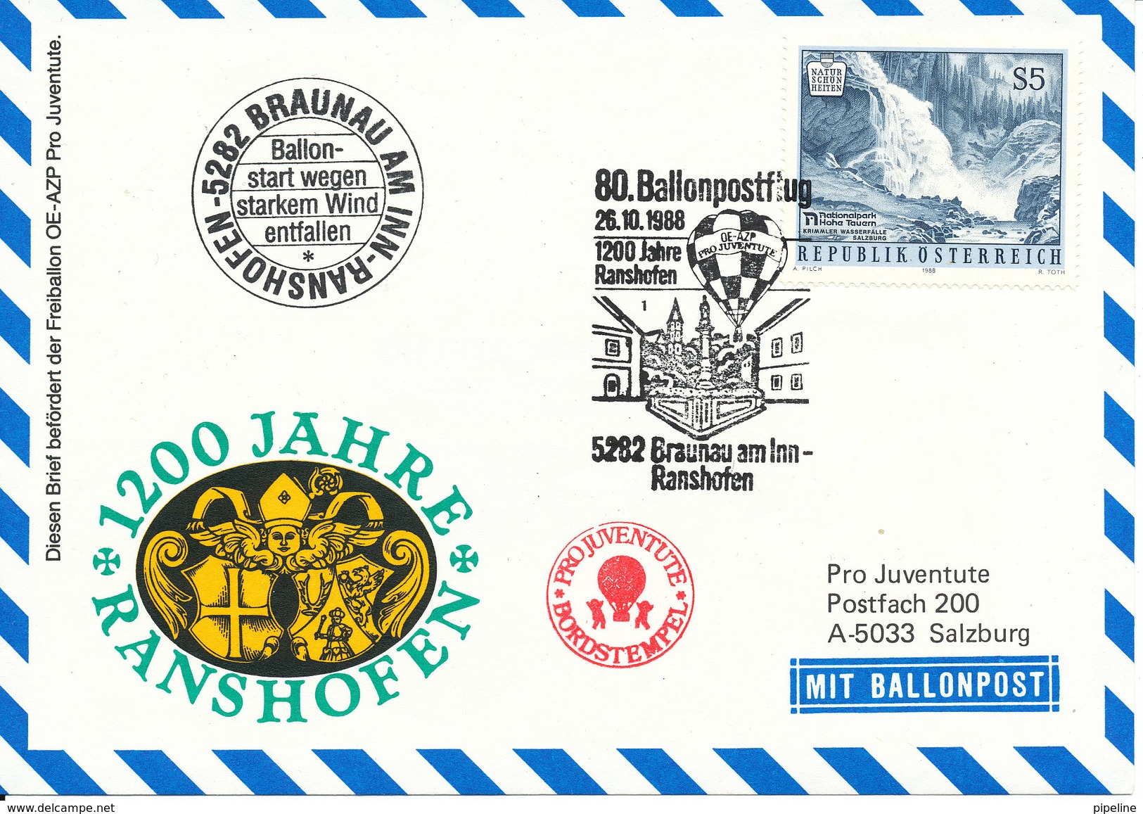 Austria Balloonflight Cover 1200 Years Anniversary Ranshofen 26-10-1988 - Ballonpost