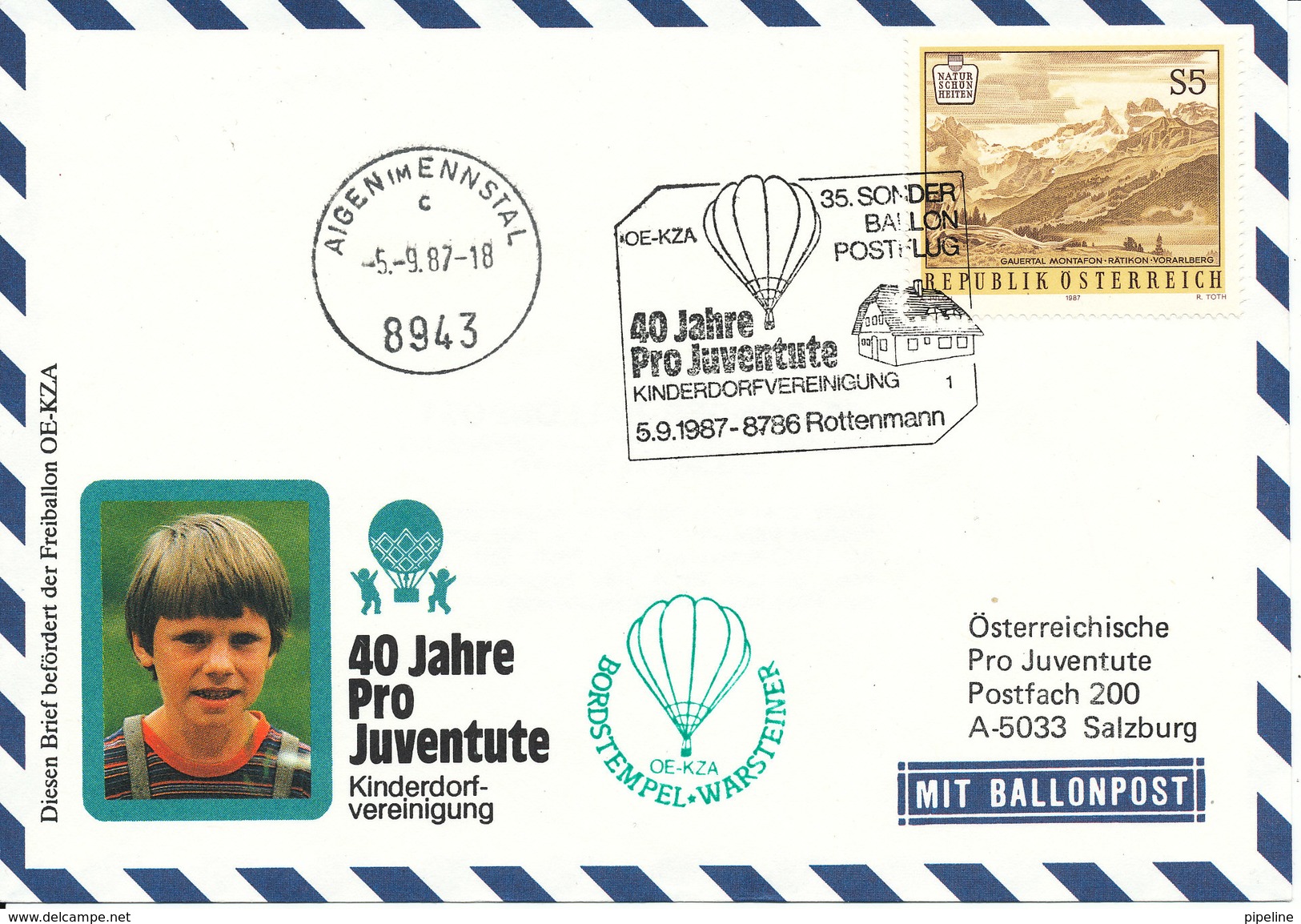 Austria Balloonflight Cover 40 Years Pro Juventute Rottenmann 5-9-1987 - Globos