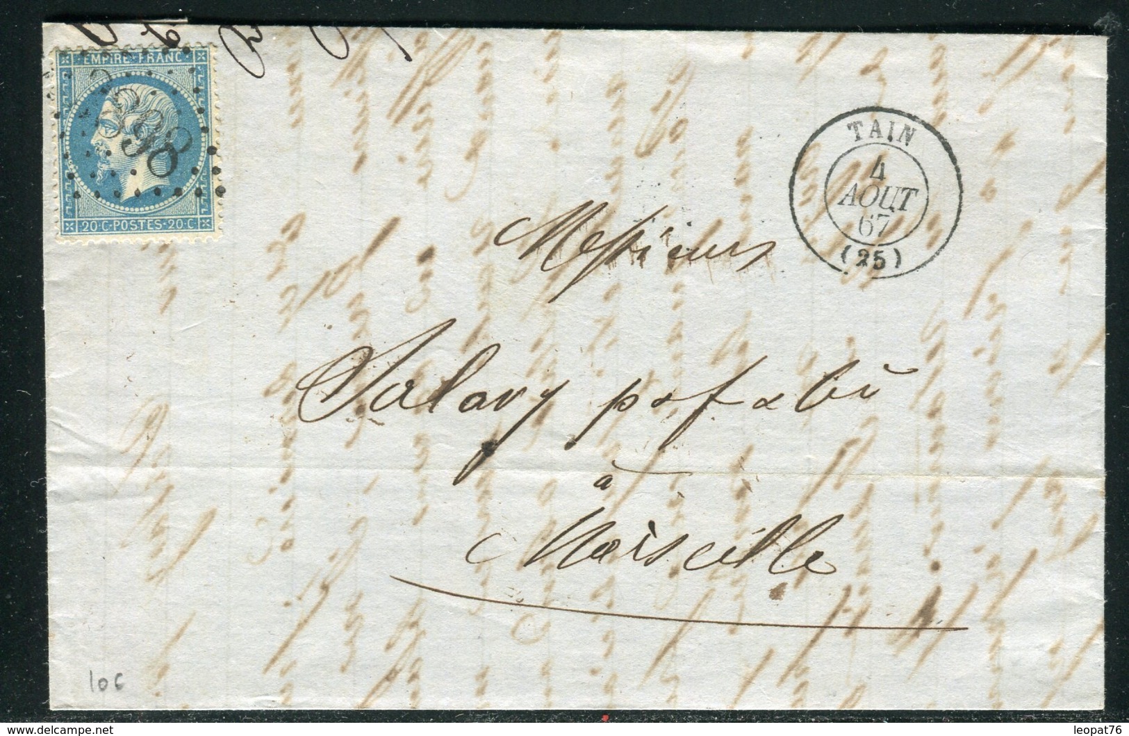 France - Lettre  ( Avec Texte ) Départ De Tain Pour Marseille En 1867 , étiquette Commerciale Au Verso - Ref  J 64 - 1849-1876: Période Classique