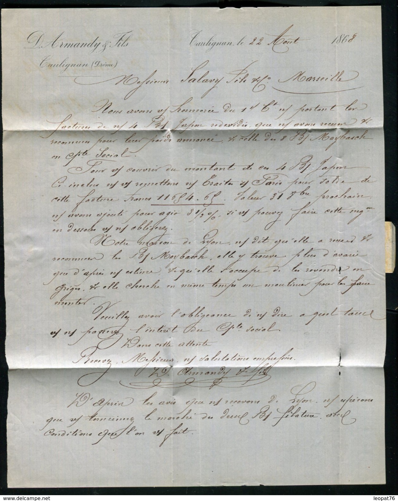 France -Lettre Avec Texte De Taulignan Pour Marseille En 1868, étiquette Commerciale Au Verso - Ref  J 66 - 1849-1876: Période Classique