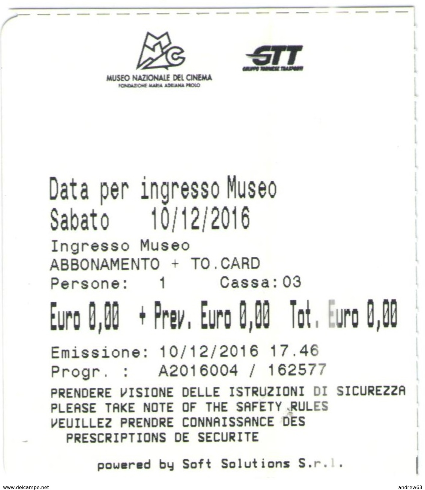 TORINO - Museo Nazionale Del Cinema - Biglietto D'ingresso Gratuito Con Torino Card - Usato - Tickets - Entradas