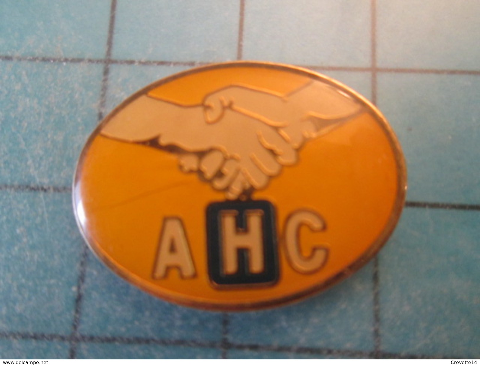 Pin717 Pin´s Pins : BEAU ET RARE :  AHC CLUB HALTEROPHILIE POIGNEE DE MAIN   Marquage Au Dos : -  --- -    Le Carroyage - Weightlifting