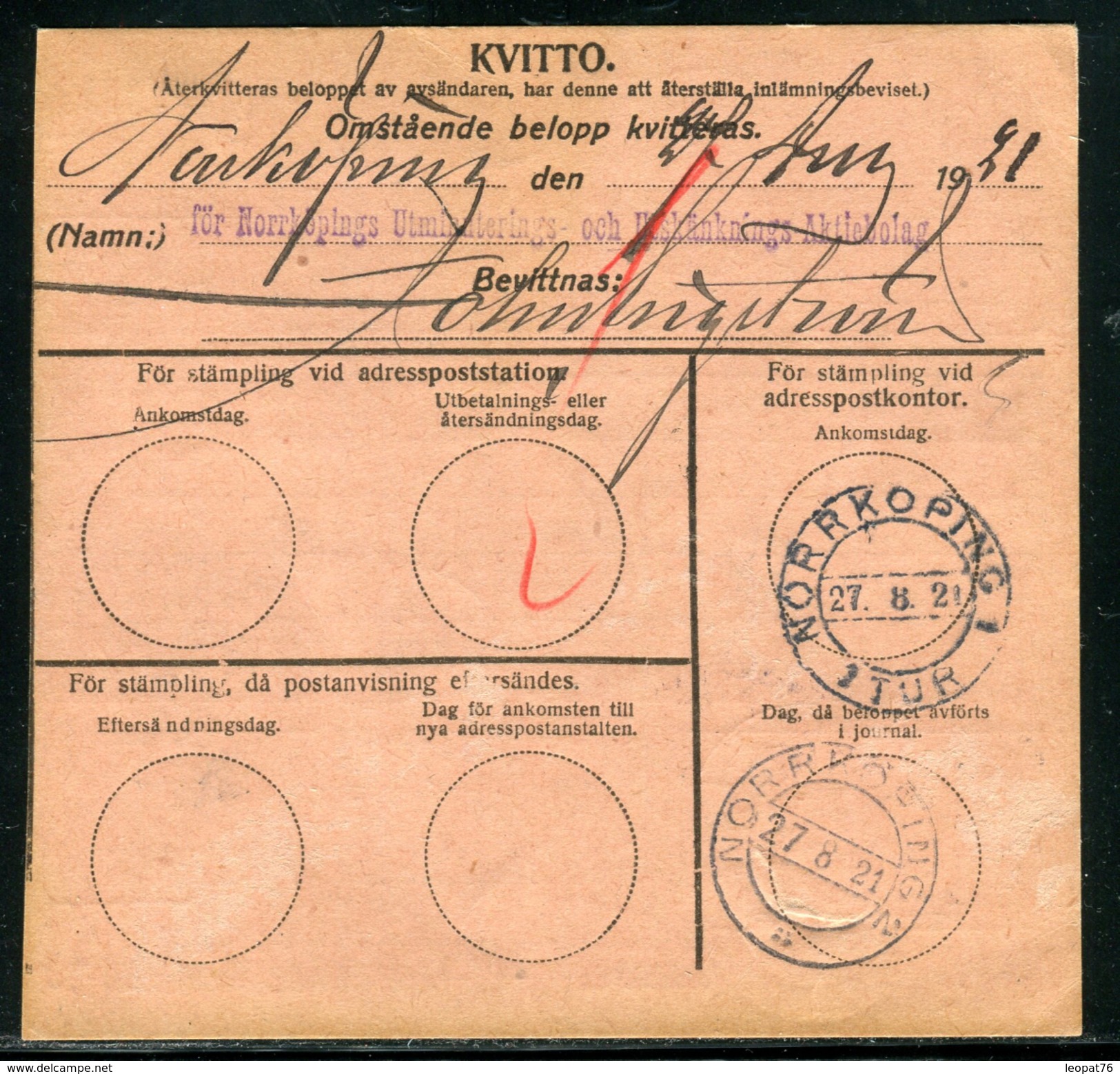 Suède - Document Postal Pour Norrkoping En 1921 - Ref  J 86 - Cartas & Documentos