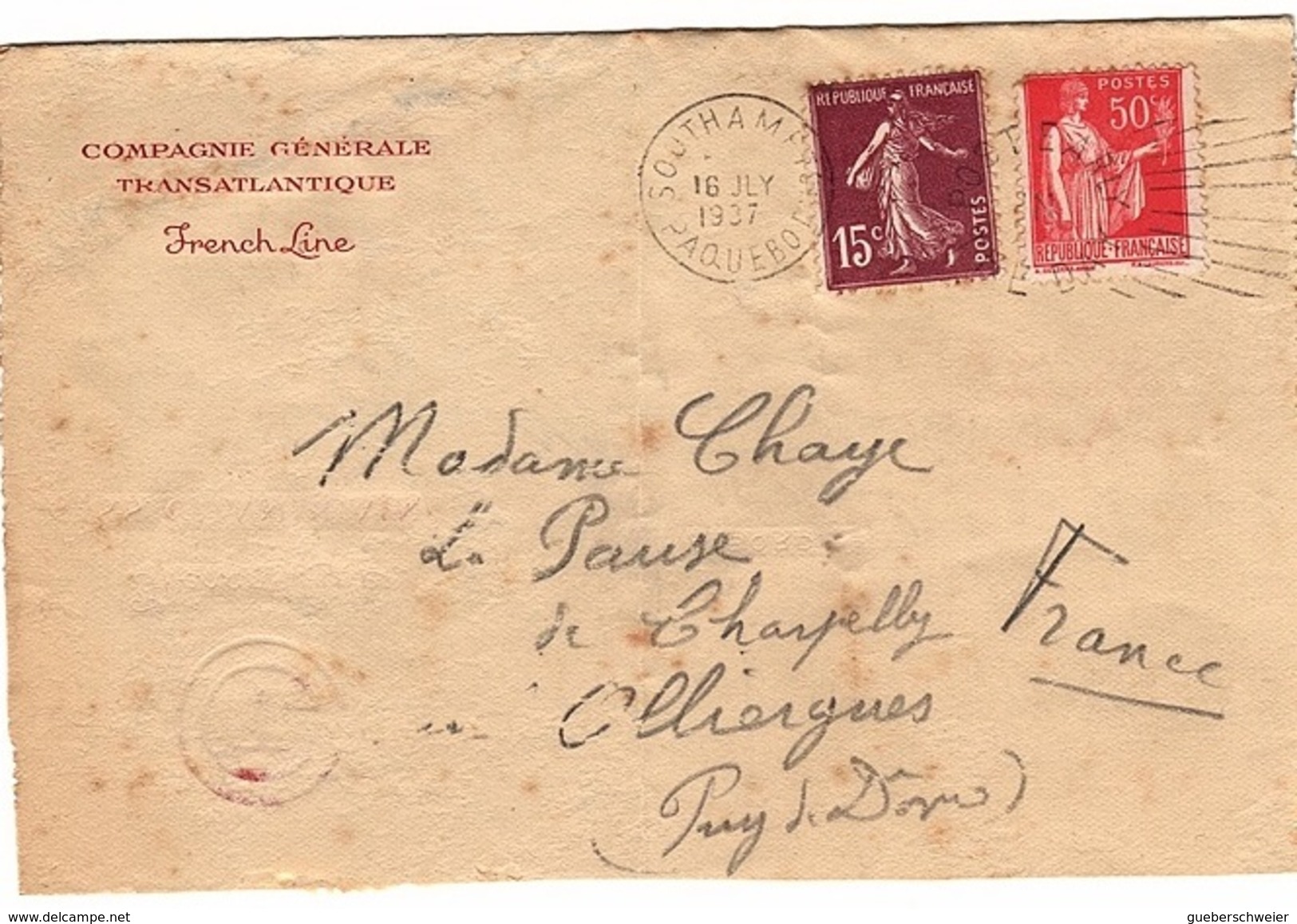 FR-L185 - FRANCE Lettre Du Transatlantique SS. CHAMPLAIN Exp. De Southampton 1937 Avec Timbres Français Pour Olliergues - Posta Marittima