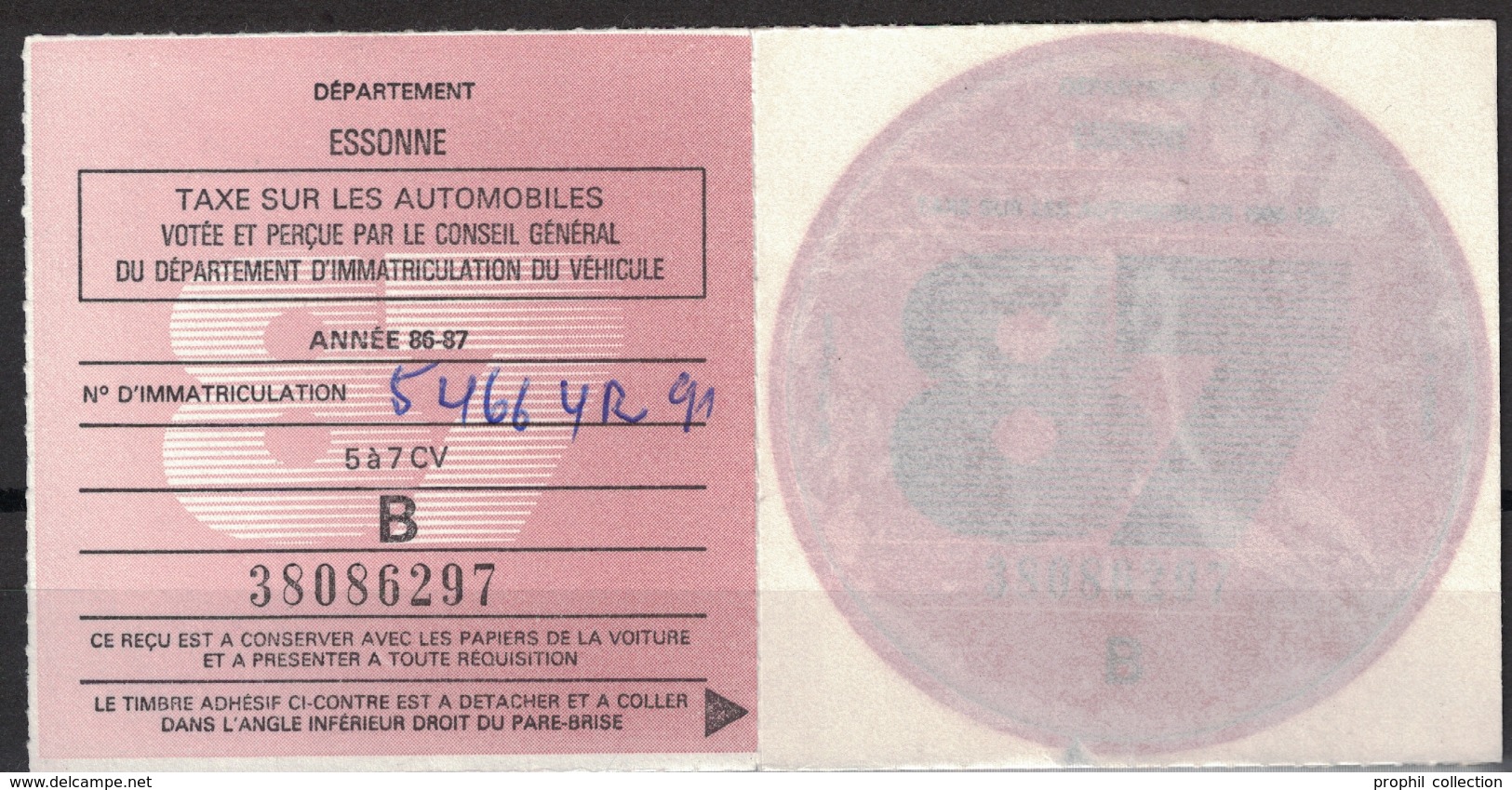 VIGNETTE FISCALE TAXE SUR LES AUTOMOBILES / ANNEE 1987 / 5 À 7 CV / ESSONNE - Autres & Non Classés