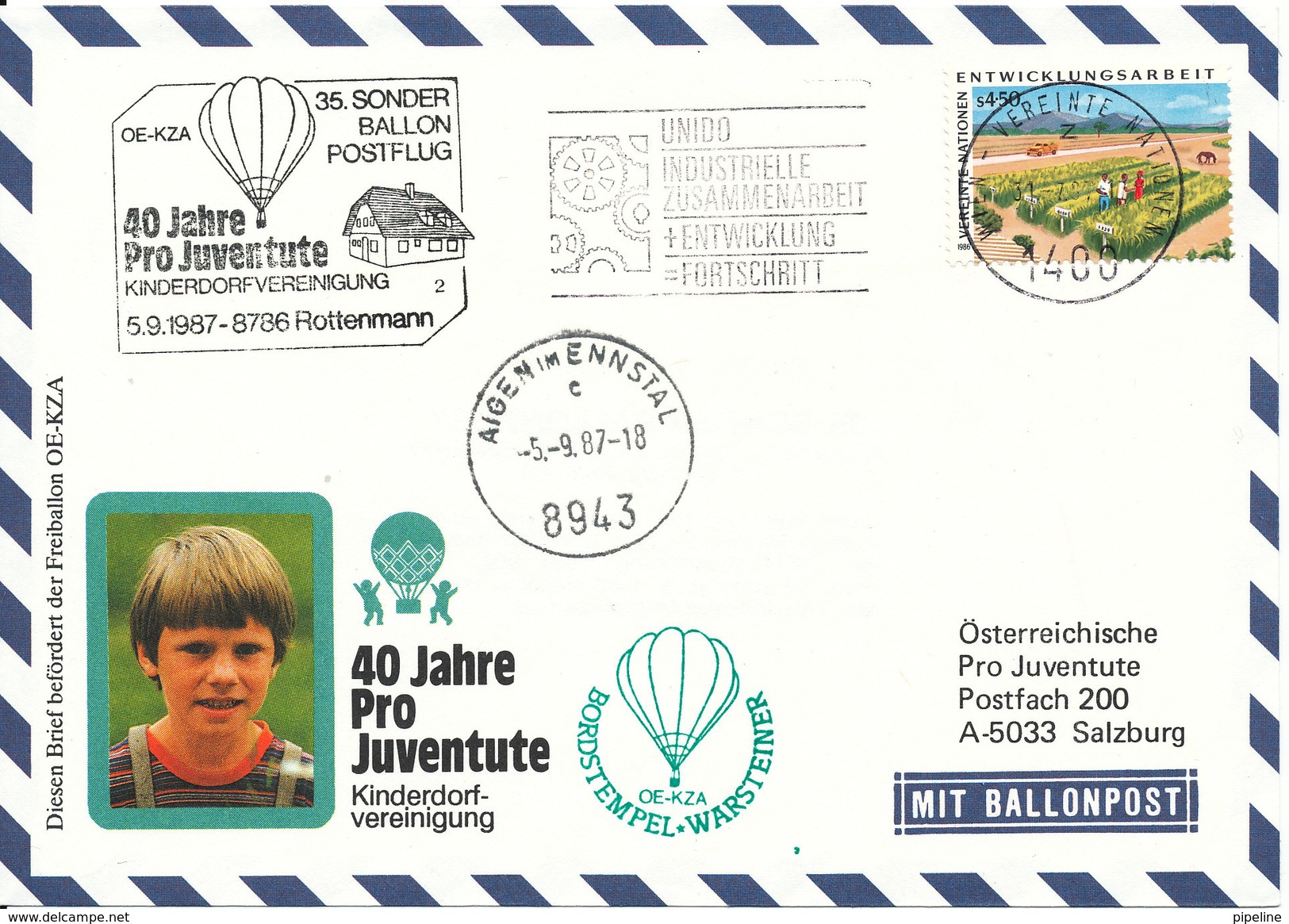 Austria UN Vienna Balloonflight Cover 40 Years Pro Juventute Rottenmann 5-9-1987 - Covers & Documents