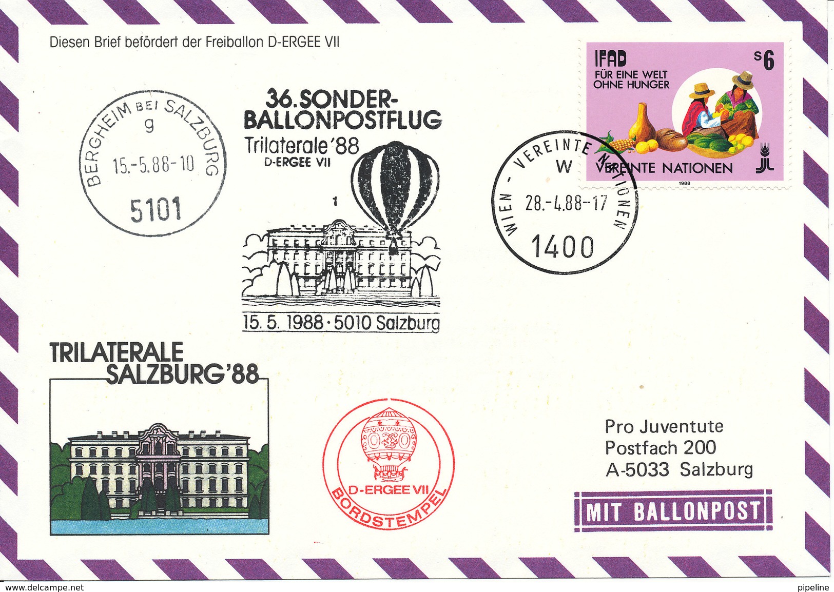 Austria UN Vienna Balloonflight Cover Trilaterale Salzburg 88 Nice Cover With More Cancels Bergheim 15-5-1988 - Covers & Documents