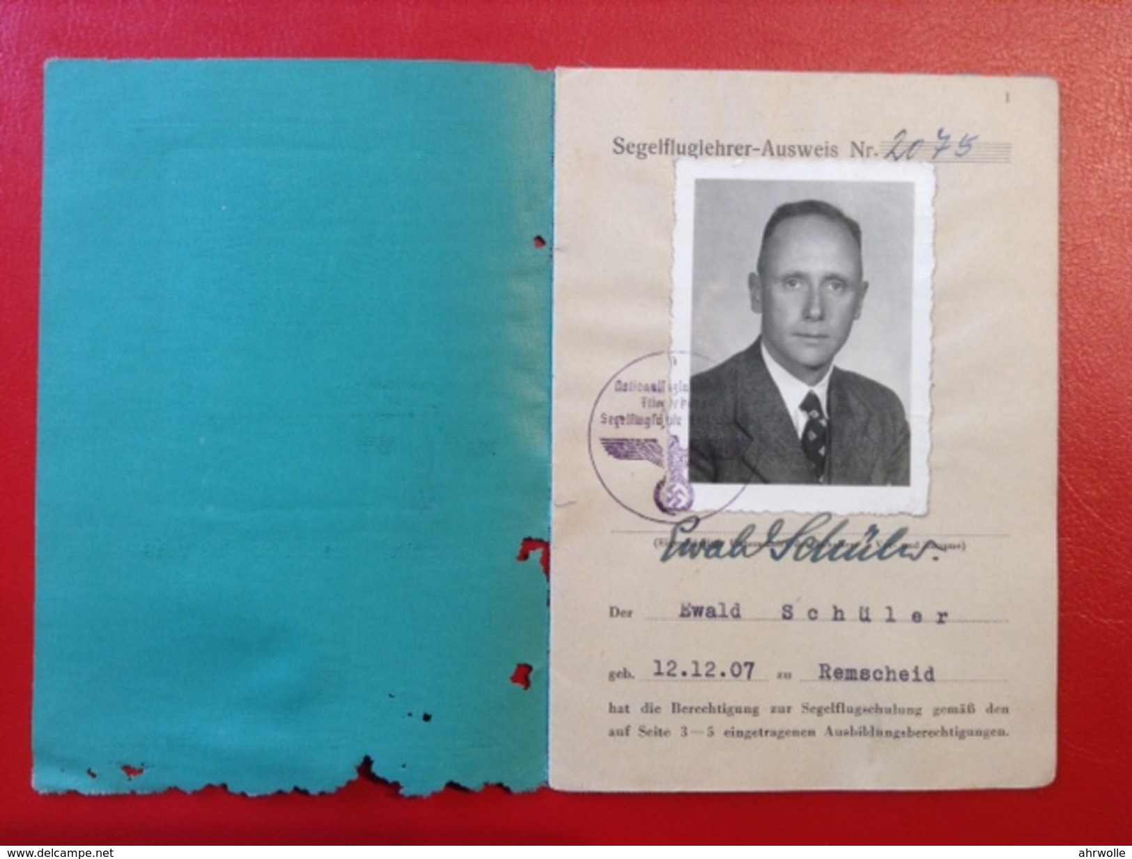 NSFK Segelfluglehrer-Ausweis WW2 Remscheid 1944 Segelflugschule Ballenstedt - Dokumente