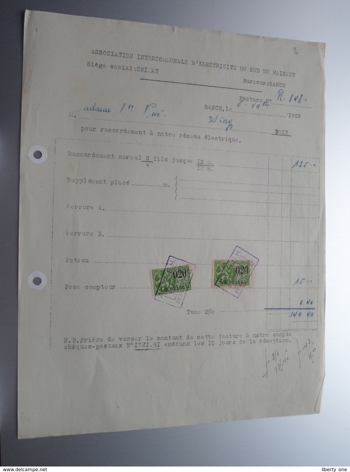 Ass. Int. D'Electric Du Sud Du HAINAUT () RANCE 1928 - Factuur ( Tax ) ! - Electricidad & Gas