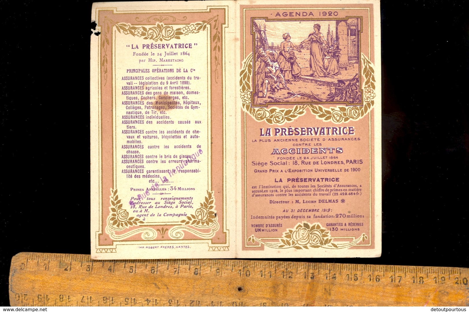 Petit Mini Calendrier 1920 Assurances LA PRESERVATRICE Accidents Rue De Londres Paris / Défaut - Tamaño Grande : 1901-20