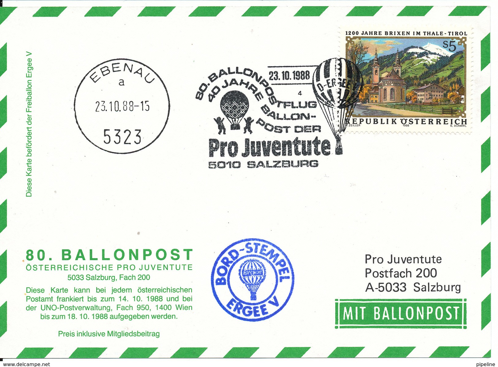Austria Balloonflight Postcard Pro Juventute Salzburg Ebenau 23-10-1988 - Par Ballon