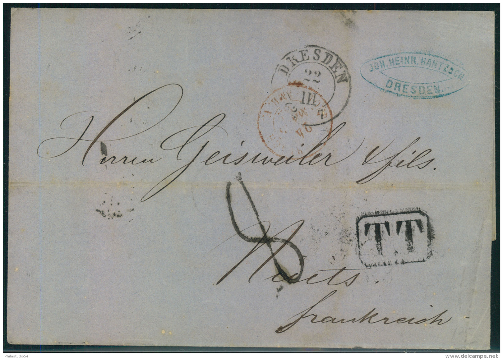 1862, Trasitbrief Ab DRESDEN Und Besserem Transitstempel ""TT"" Und Anderen Nach Frankreich. - Sachsen