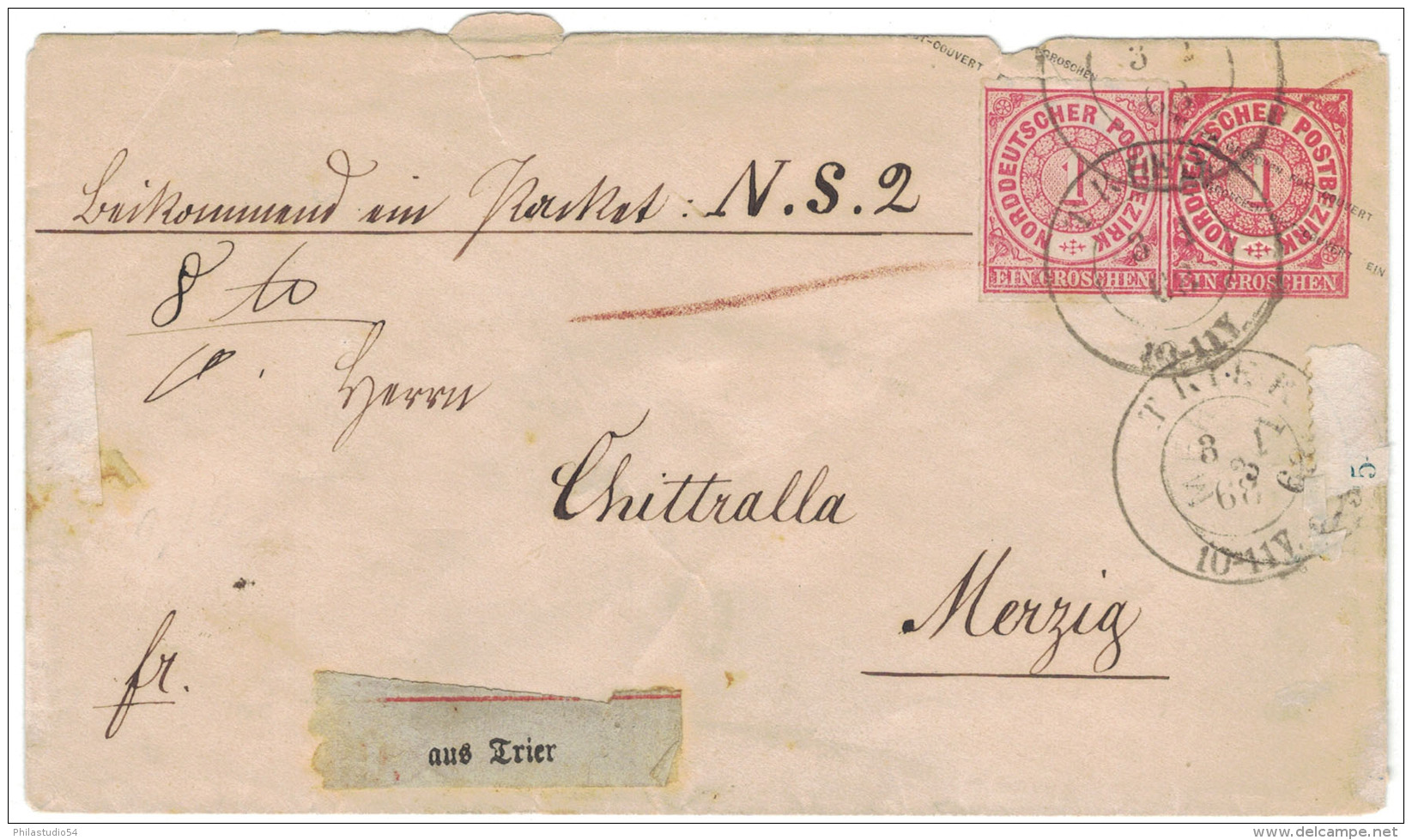 1868, 1 Groschen Ganzsachenumschlag Mit 1 Gr. Zusatzfrankatur Als Paketbegleitung Ab TRIER - Sonstige & Ohne Zuordnung