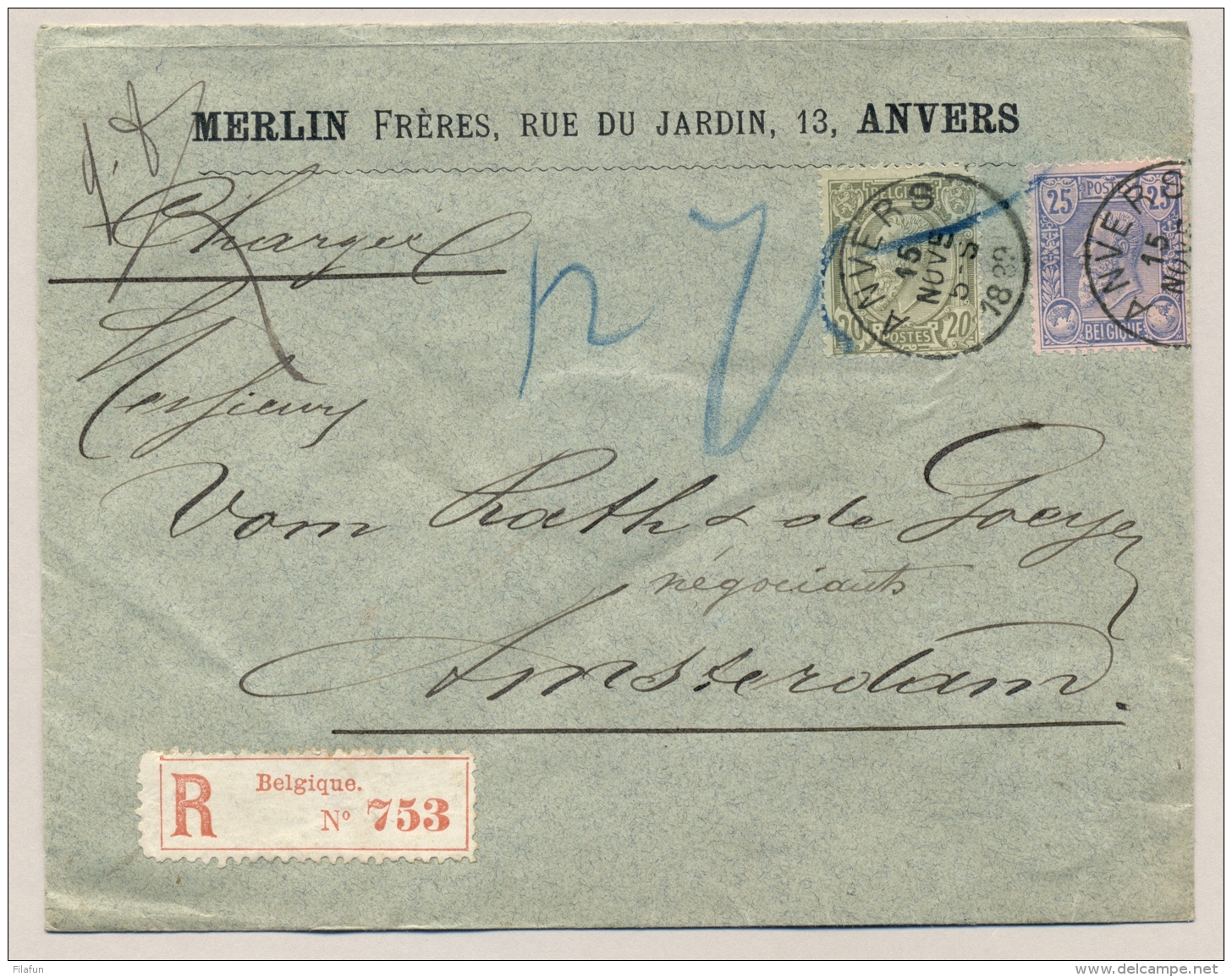 België - 1889 - 20 + 25 Cent Leopold II Op R-commercial Cover Van Anvers Naar Amsterdam / Nederland - 1884-1891 Léopold II