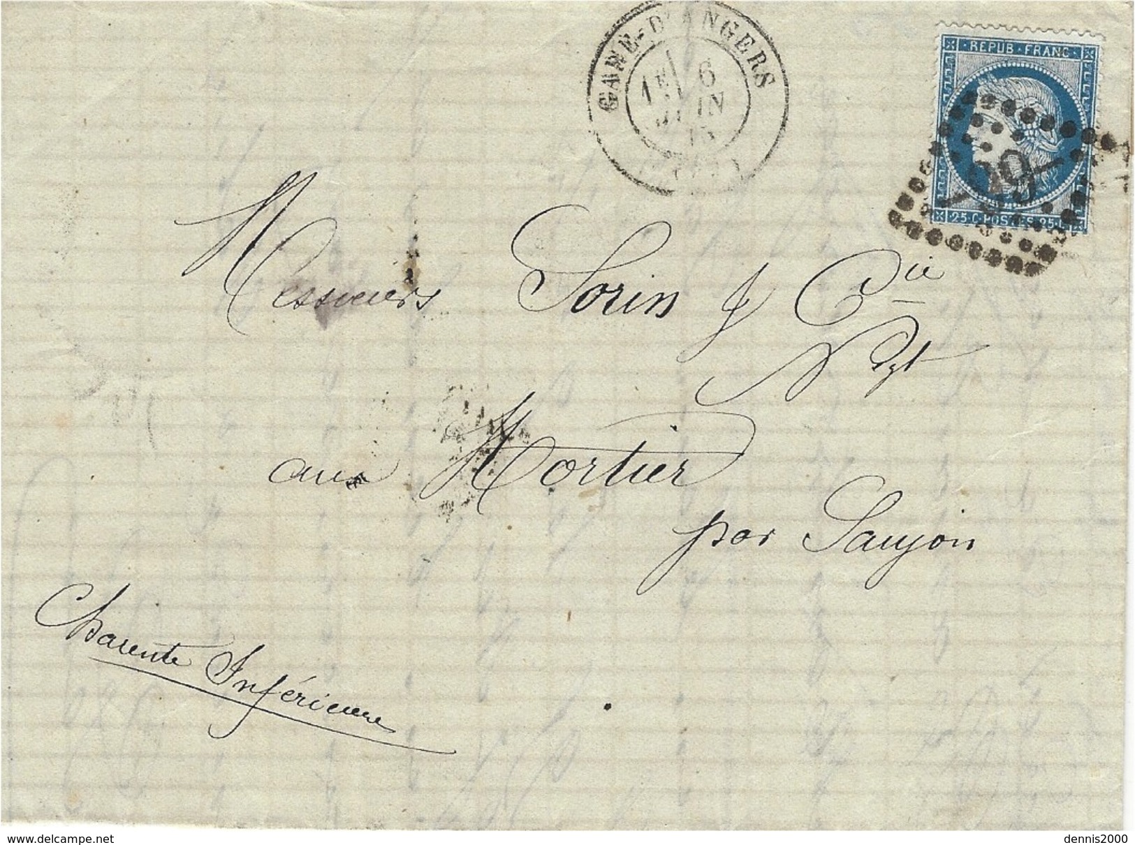 1875- Lettre De GARE D'ANGERS ( Maine Et Loire ) Cad T 17 Affr. N°60 Oblit. G C 99 - 1849-1876: Période Classique