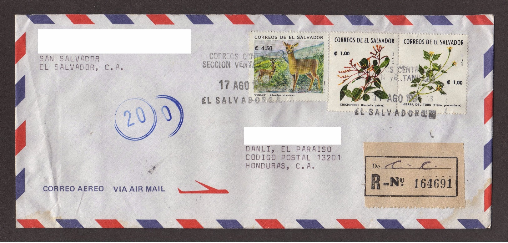 El Salvador, Cover Sent From San Salvador-Danli With Fauna Stamps, Medicinal Plants, 1994 - El Salvador