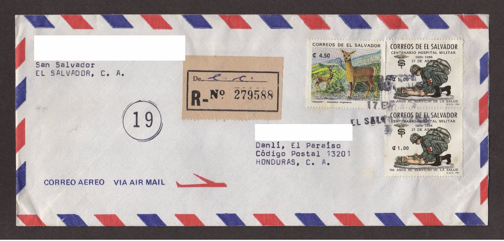 El Salvador, Cover Sent From San Salvador-Danli With Stamps Of Fauna, Centennial Military Hospital, 1995 - El Salvador