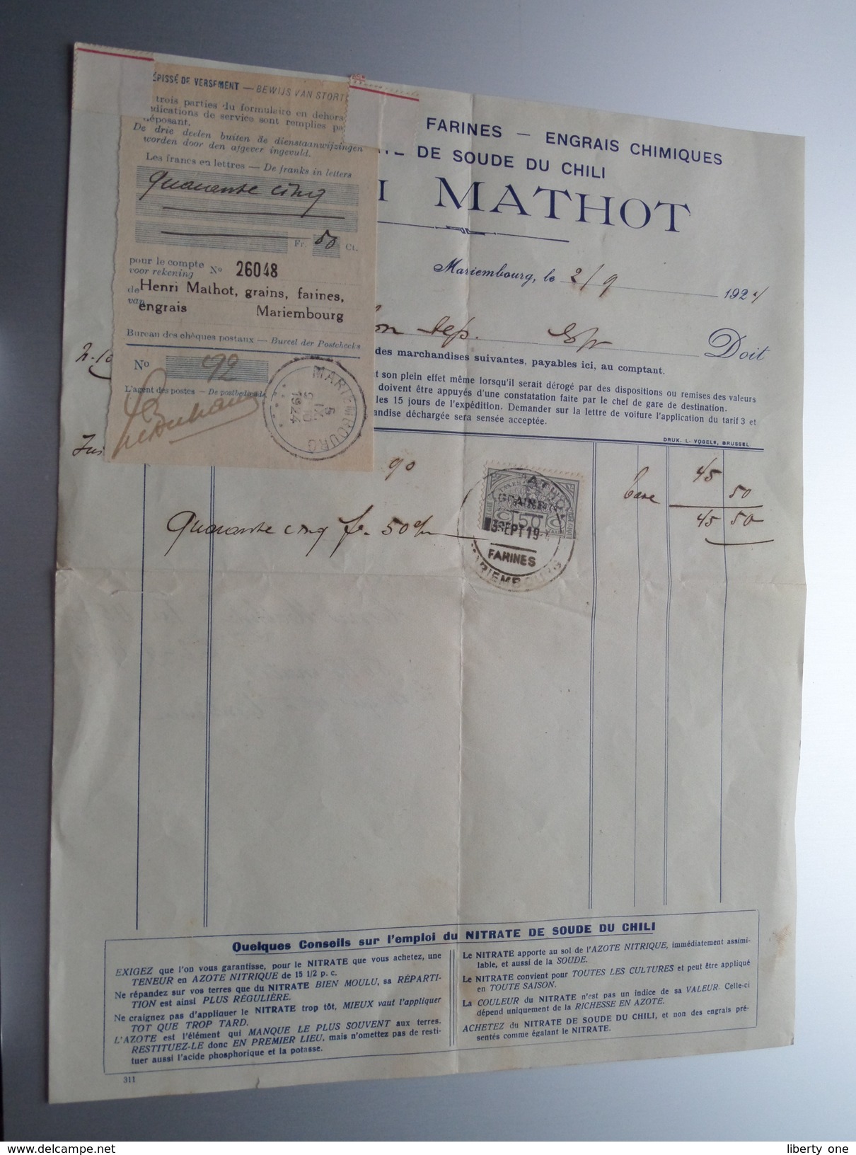 Henri MATHOT Mariembourg ( Graines / Farines ) ( Facture / Tax ) 1924 > Tichon ! - Alimentare