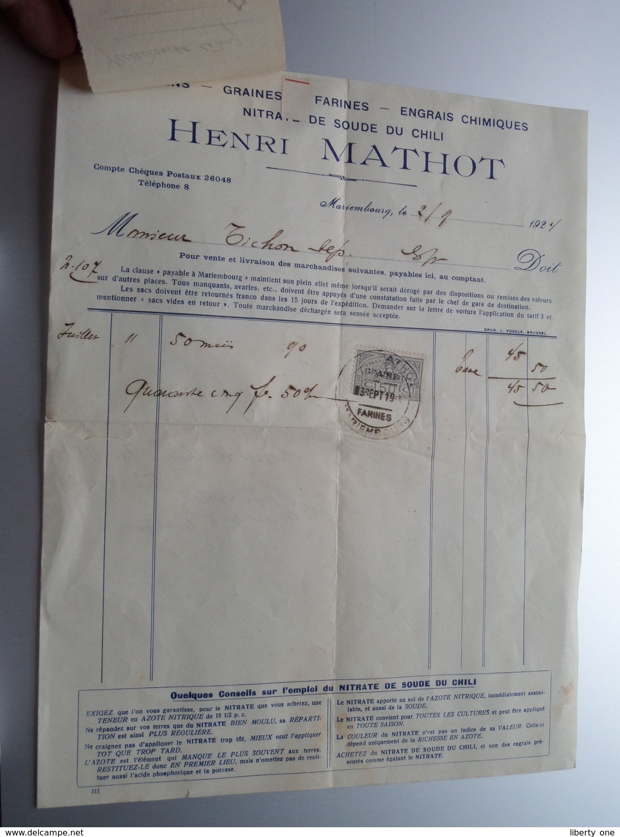 Henri MATHOT Mariembourg ( Graines / Farines ) ( Facture / Tax ) 1924 > Tichon ! - Alimentos