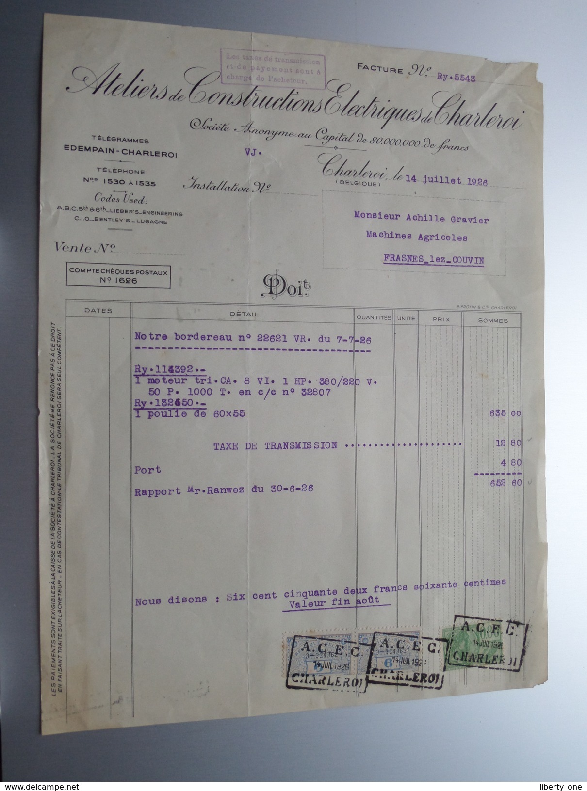 Ateliers De Constructions Electriques De Charleroi () ( Facture / Tax ) 1926 > Frasnes ! - Elektriciteit En Gas