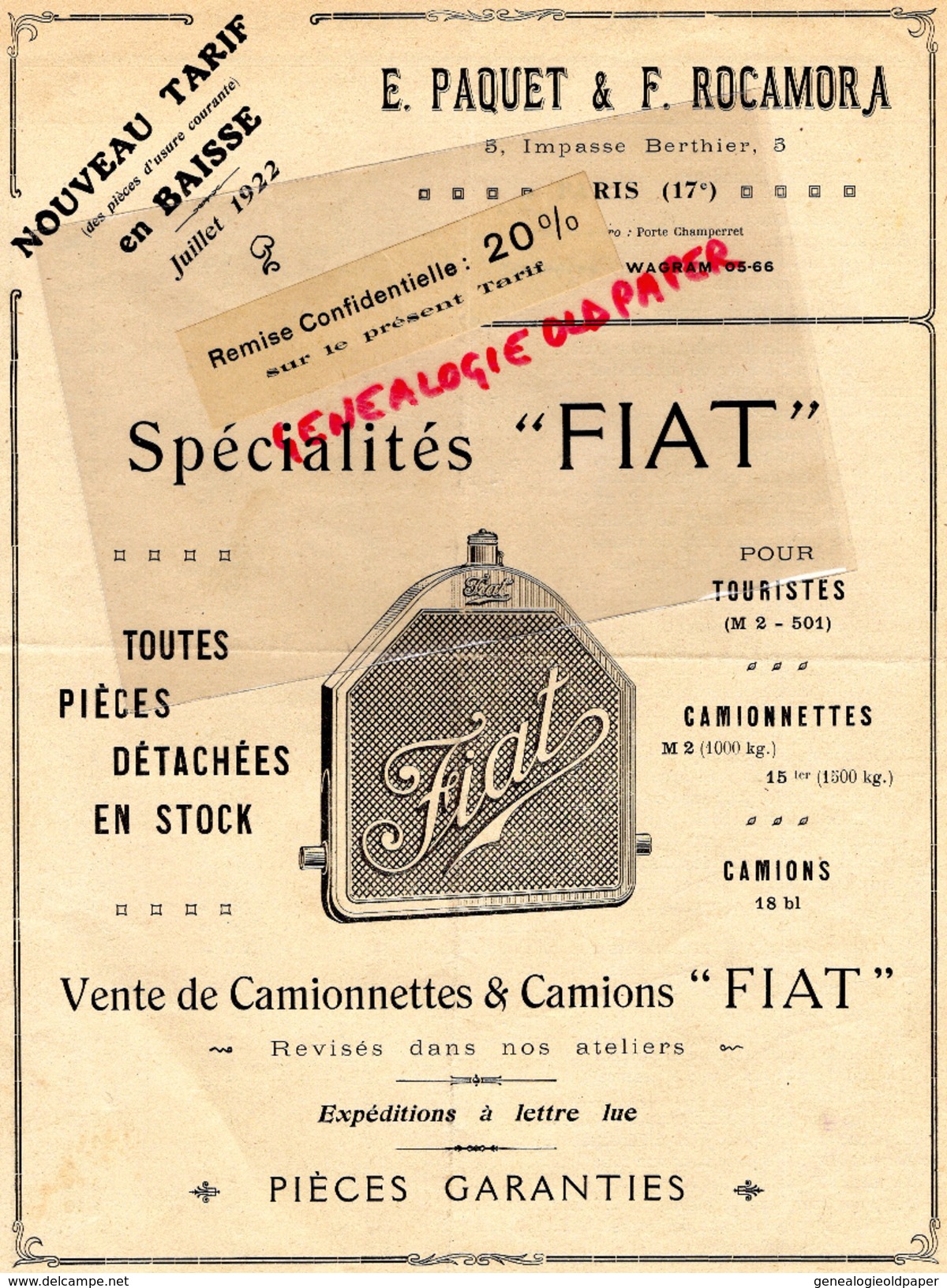 75- PARIS-FACTURE E. PAQUET & F. ROCAMORA-5 IMPASSE BERTHIER- TARIF 1922- FIAT- RADIATEUR- CAMION CAMIONNETTE- RUSCART - Automovilismo