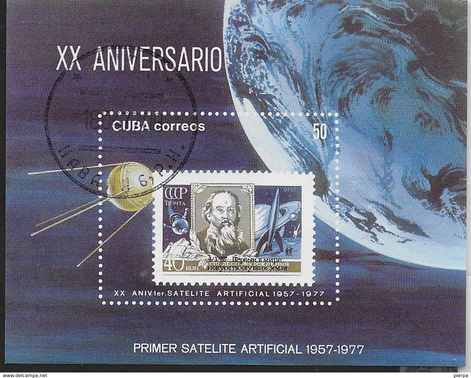 CUBA - XX ANNIVERSARIO SATELLITE ARTIFICIALE - FRANCOBOLLO URSS SU FOGLIETTO USATO - Amérique Du Nord