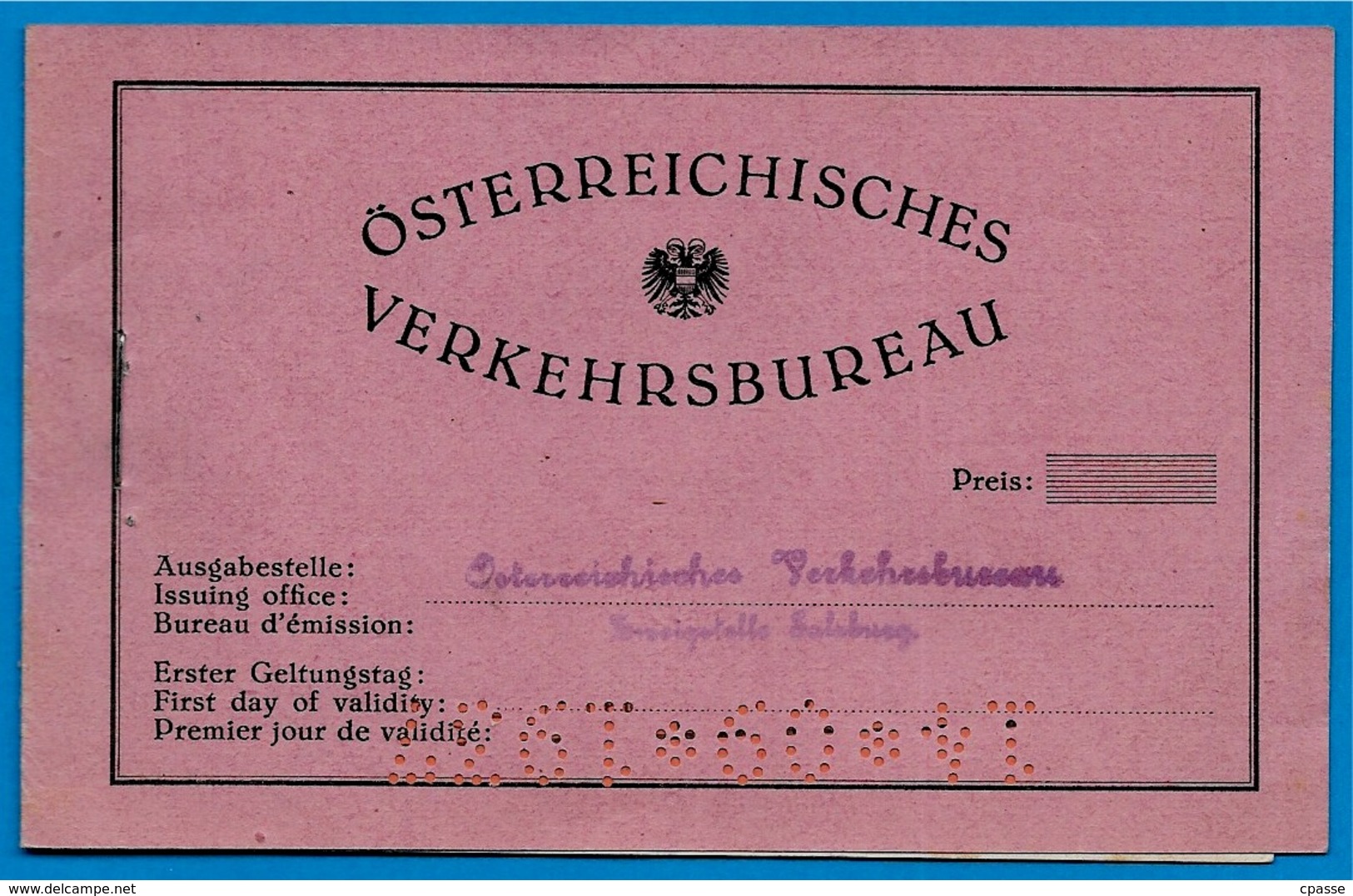 Ticket Carnet Voyage Train OSTERREICHISCHES VERKEHRSBUREAU Autriche Salzburg Zoll Italie - Europe