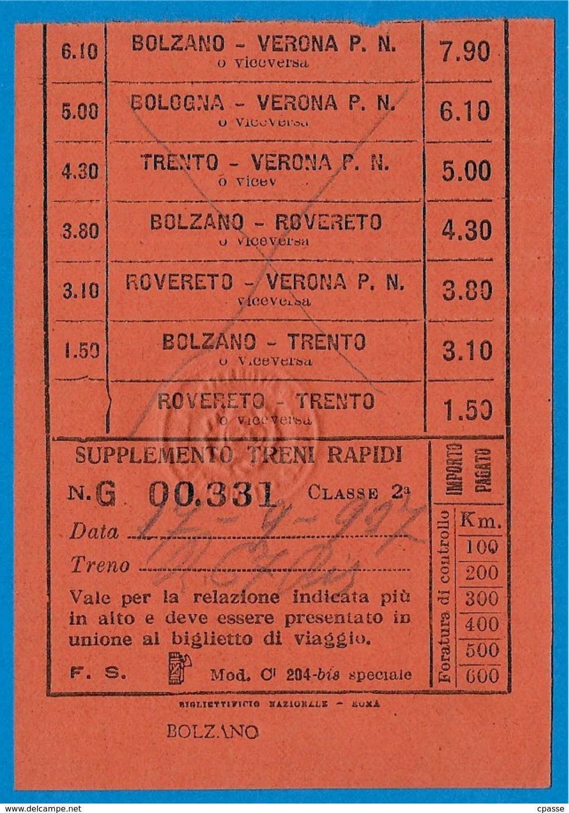 Ticket Voyage Train ITALIE - BOLZANO - VERONA - BOLOGNA - TRENTO - ROVERETO * Treni Rapidi Chemins De Fer - Europe