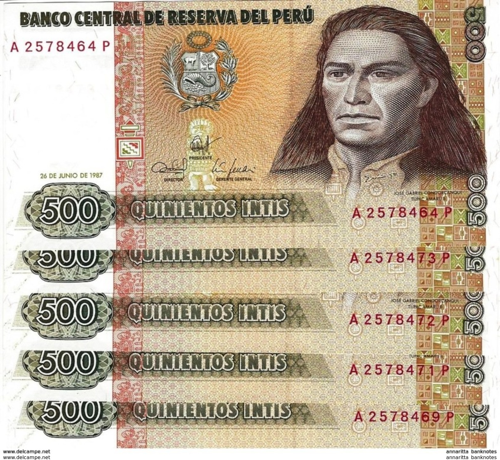 PERU 500 INTIS 1987 P-134b UNC 5 PCS [PE134b] - Pérou