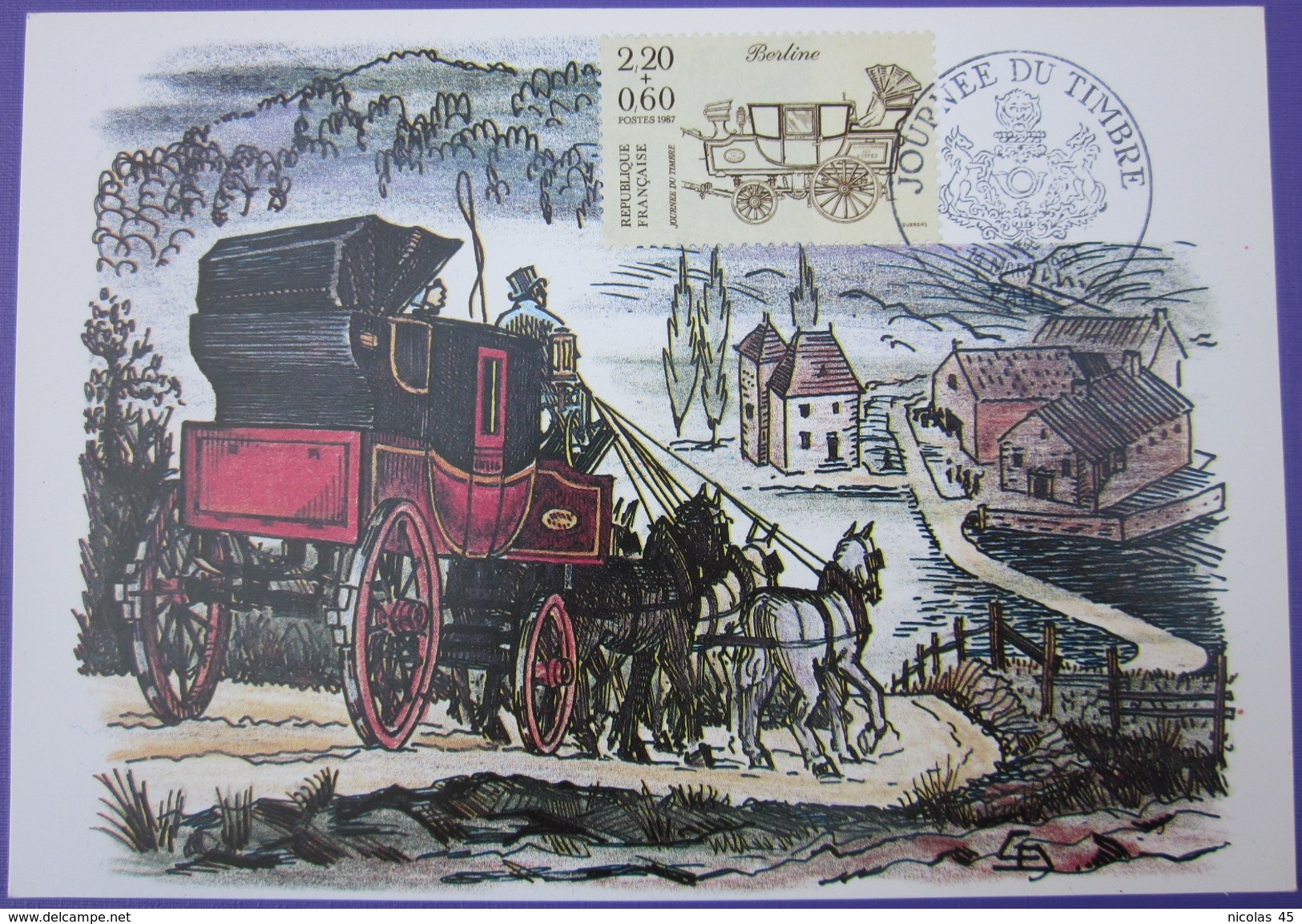 Carte Postale Maximum - FDC - Journée Du Timbre - 1987 - YT 2468 - Chevaux - Berline - 1980-1989