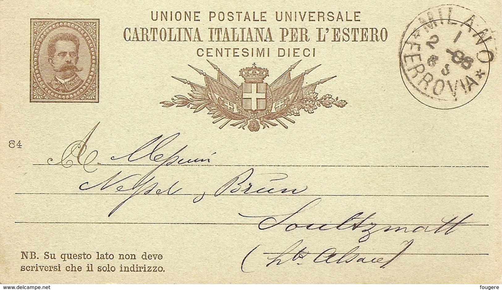 Entier Postal 1886 Milan (gare) à Soultzmatt (France) UPU. - Entiers Postaux