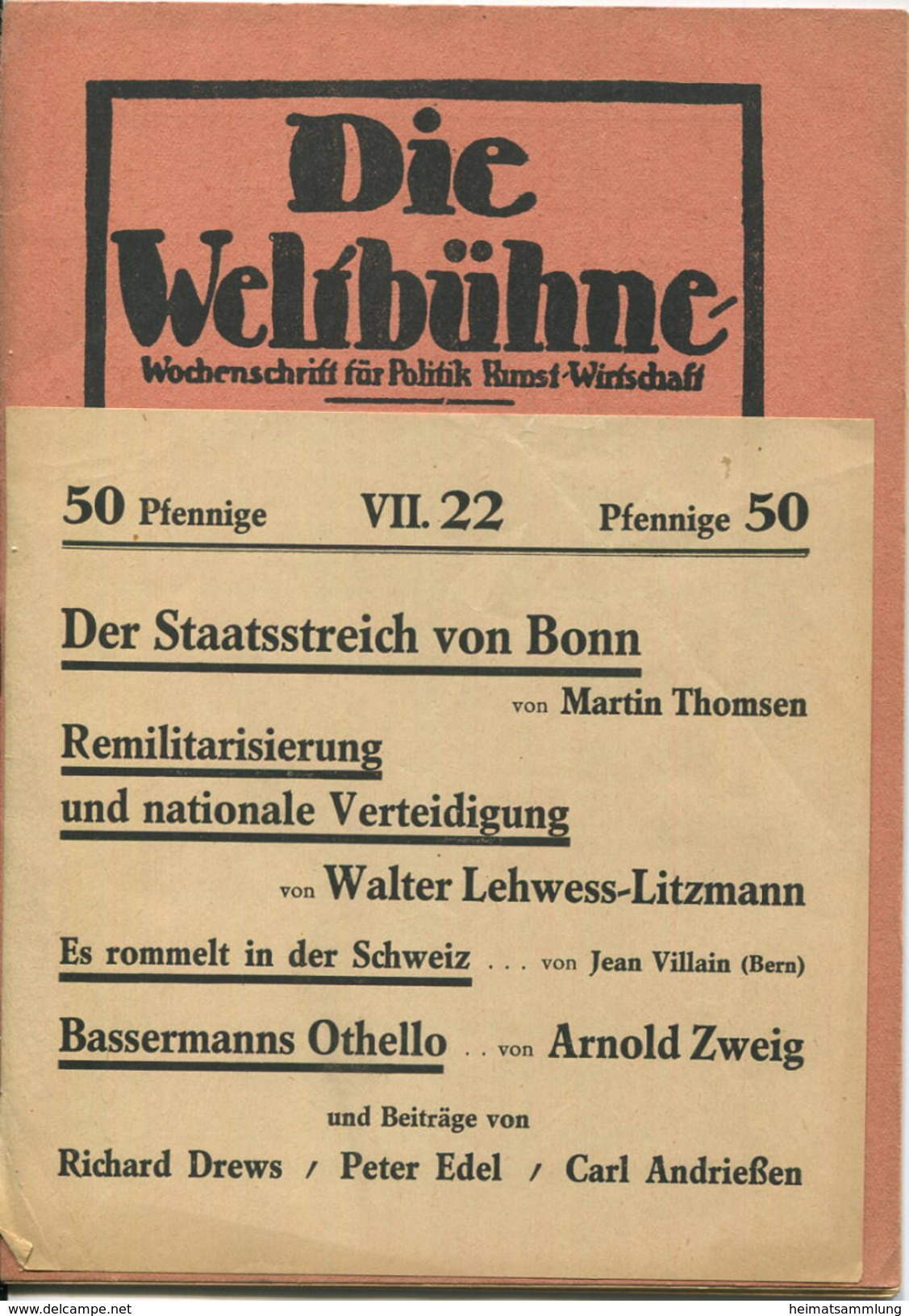 Die Weltbühne - Wochenschrift Für Politik Kunst Wirtschaft - 28.Mai 1952 -begründet Von Siegfried Jacobson - Zuletzt Gel - Politik & Zeitgeschichte