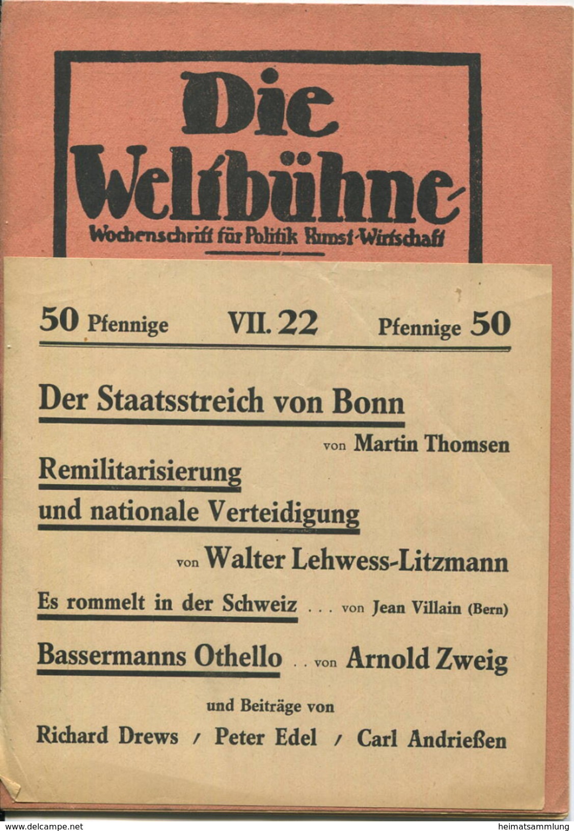 Die Weltbühne - Wochenschrift Für Politik Kunst Wirtschaft - 28.Mai 1952 -begründet Von Siegfried Jacobson - Zuletzt Gel - Politique Contemporaine