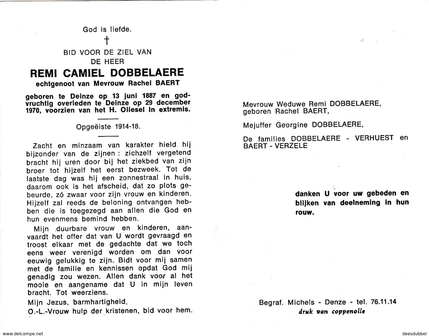 R.DOBBELAERE °DEINZE 1887 +1970 (R.BAERT) - Imágenes Religiosas