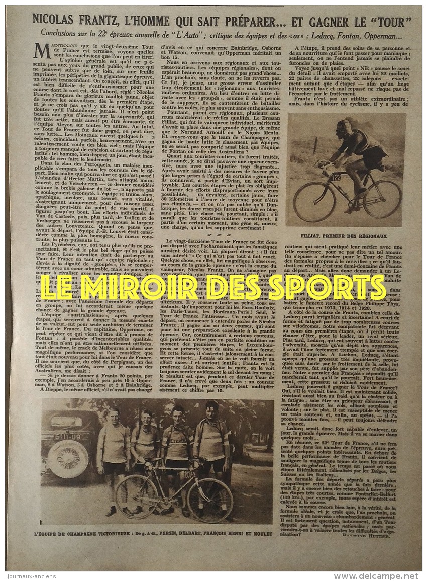 1928 JEUX OLYMPIQUE LISTE COMPLETE DES SPORTIFS FRANCAIS - COUPE DAVIS - NICOLAS FRANTZ TOUR DE FRANCE - BOXE TUNNEY - Andere & Zonder Classificatie