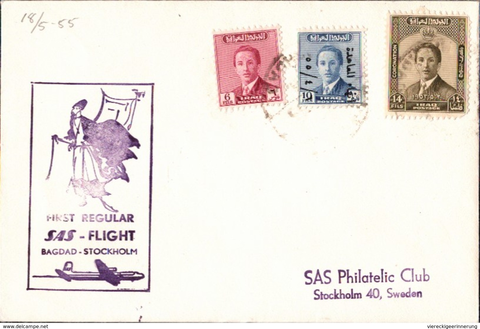 ! 1955 Erstflugbrief SAS First Regular Flight Bagdad - Stockholm, Irak, Schweden, Sweden, Baghdad - Iraq