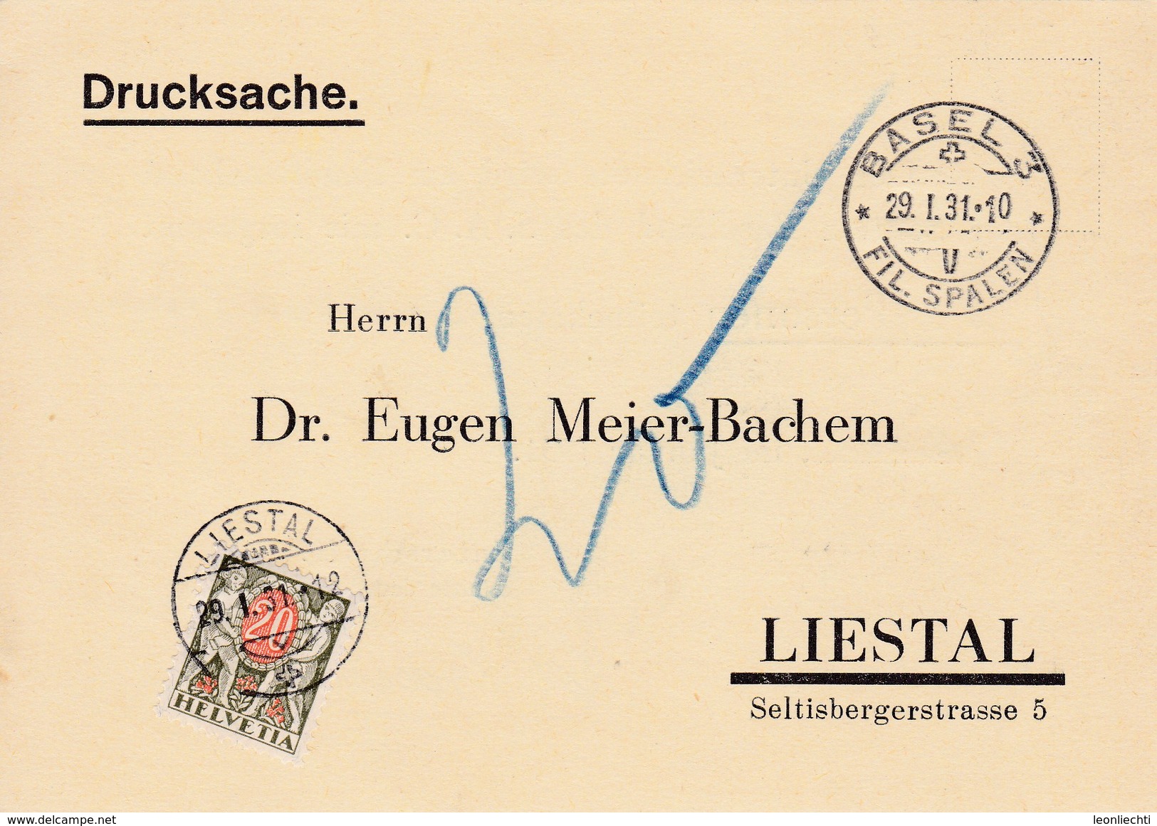 Drucksachen. Basel Fil. Spalen 29.1.1931 N. Liestal. Nachporto: SBK: 45 / Mi:45x - Postage Due