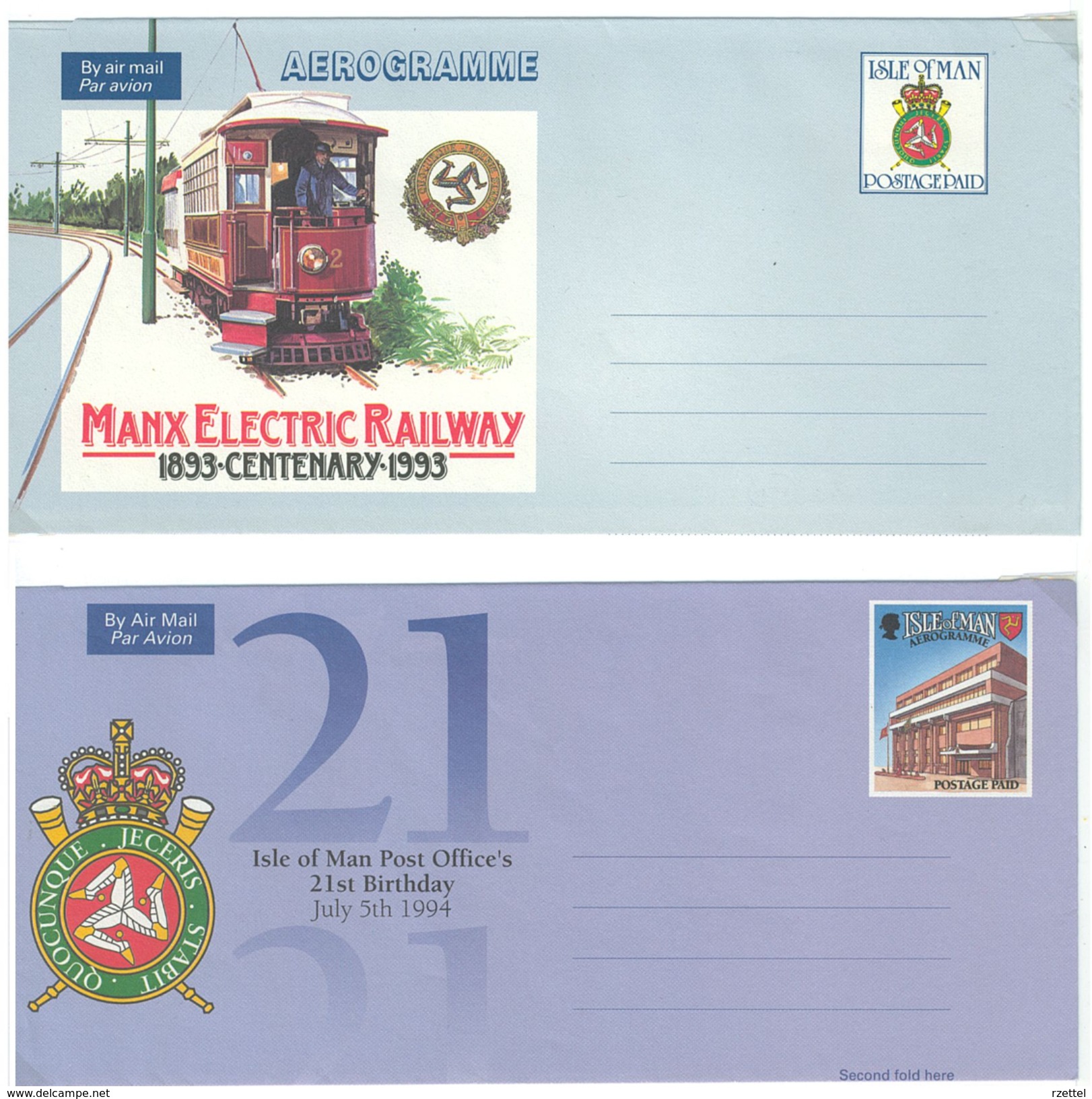 Isle Of Man, 2 Picture-Aerogrammes **, 100 Y. Manx Electric Railway, Manx Post Office´s, 21st Birthday - Man (Insel)