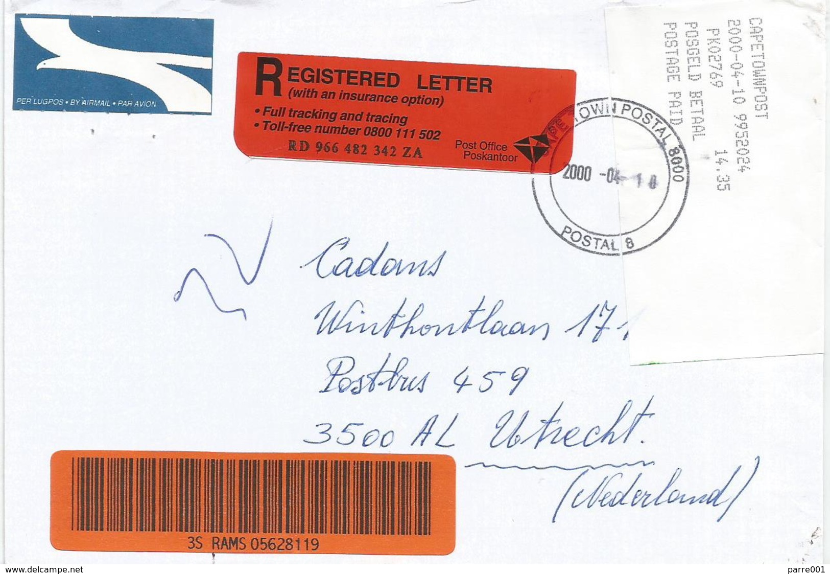 South Africa RSA 2000 Cape Town Meter Franking PO3.2. Olivetti ATM EMA FRAMA Barcoded Registered Cover - Lettres & Documents