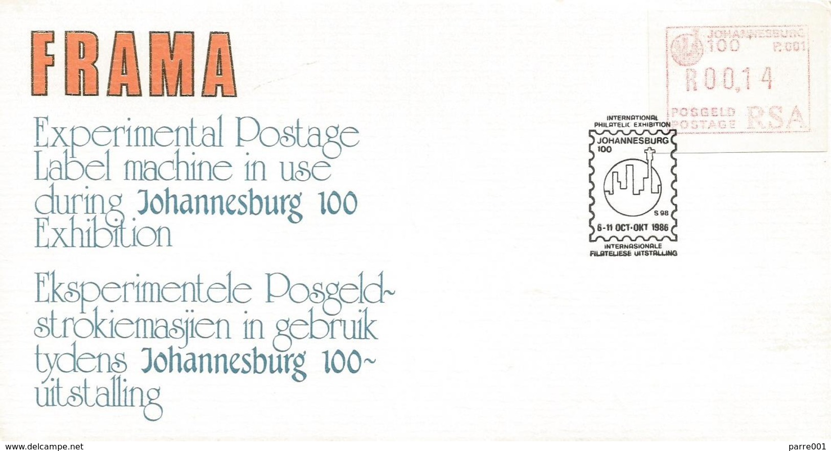South Africa RSA 1986 Pretoria ATM EMA FRAMA Special Johannesburg 100 Cover - Frama Labels