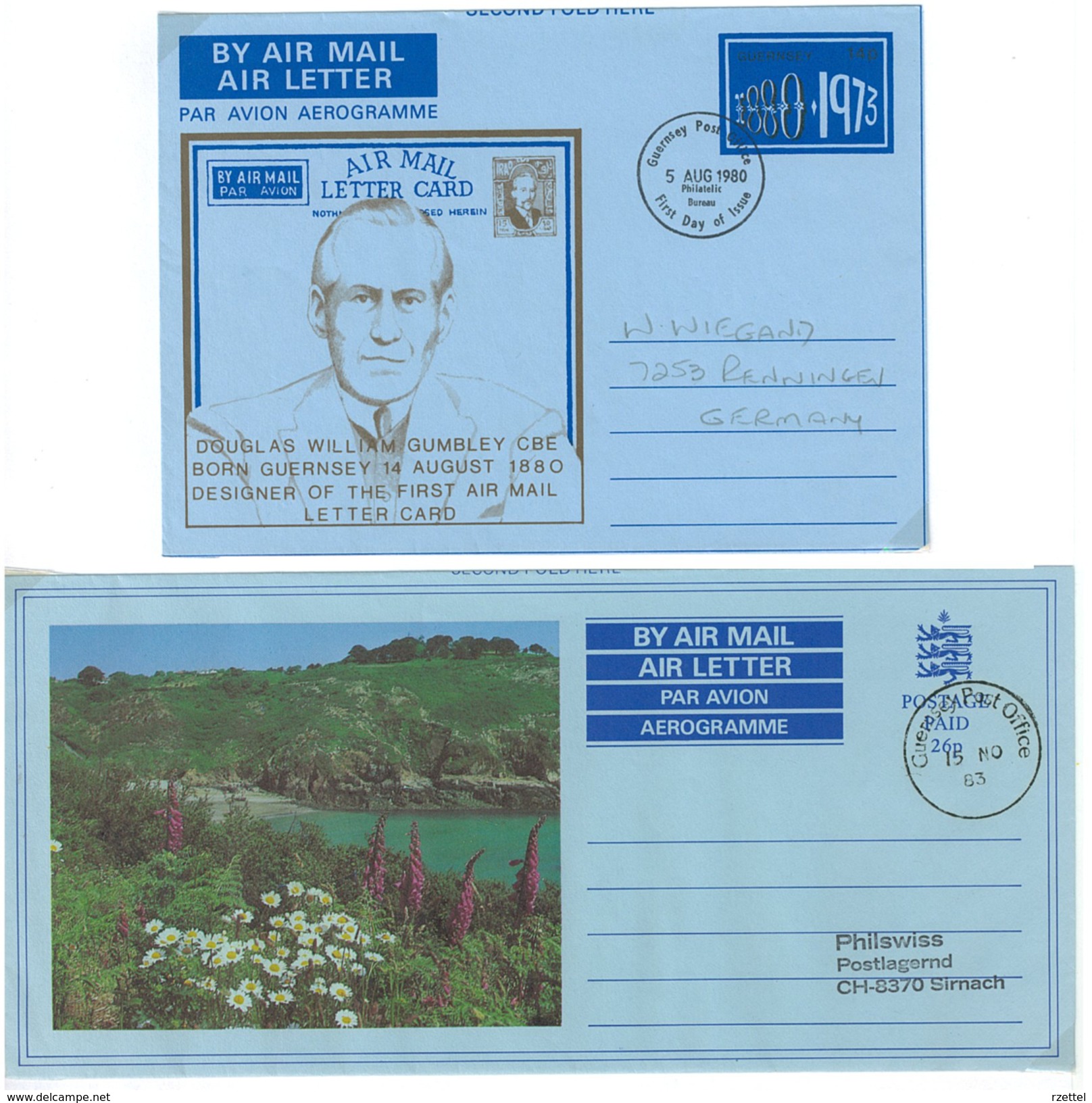 Guernsey, 2 Picture-Aerogrammes, Postage Paid, Cancelled, Bay 1983, FDC William Gumblay 1980 - Guernsey