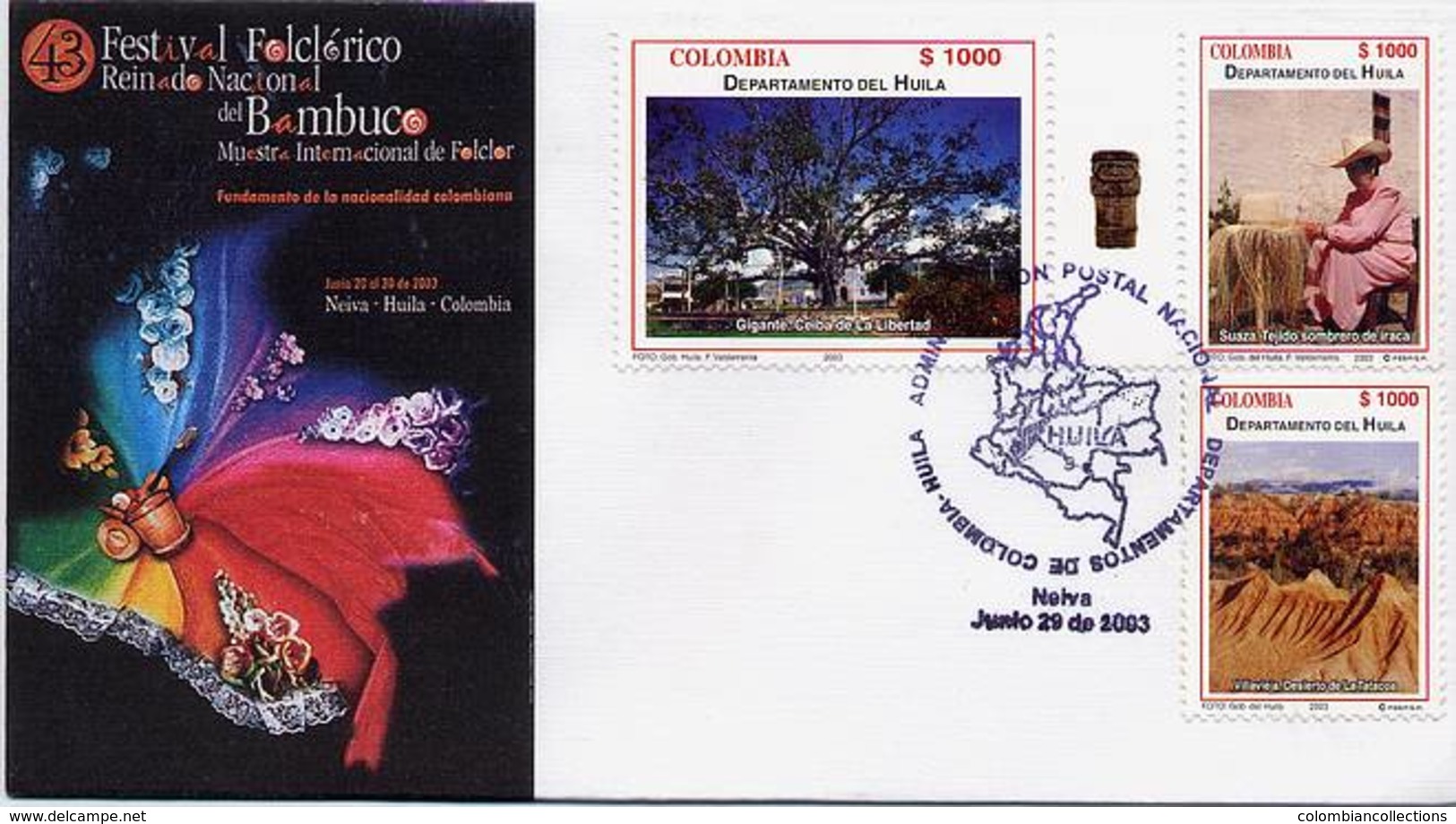 Lote 2243-54F, Colombia, 2003, 4 SPD-FDC, Depto De Santander, Waterfall, Heraldic, Desert, Indigenous Themes, Dance - Colombia