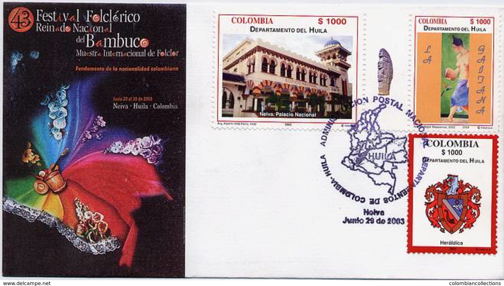 Lote 2243-54F, Colombia, 2003, 4 SPD-FDC, Depto De Santander, Waterfall, Heraldic, Desert, Indigenous Themes, Dance - Colombia