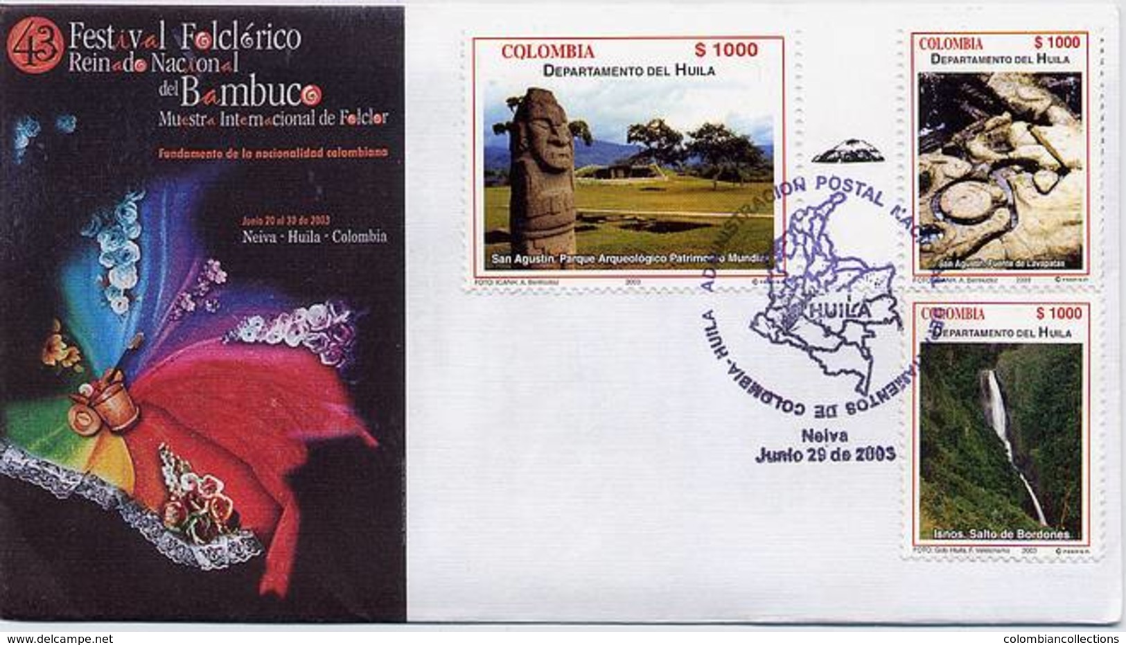 Lote 2243-54F, Colombia, 2003, 4 SPD-FDC, Depto De Santander, Waterfall, Heraldic, Desert, Indigenous Themes, Dance - Colombia