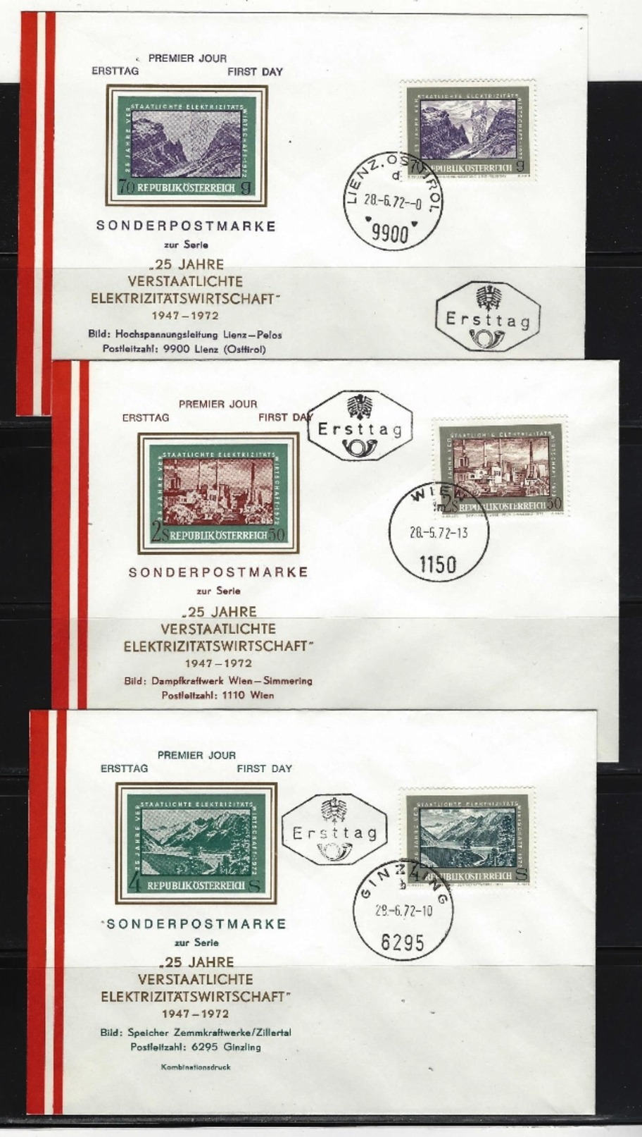 ÖSTERREICH - FDC Mi-Nr. 1389 - 1391 -  25 Jahre Verstaatlichte Elektrizitätswirtschaft - Postkarten (1) - FDC