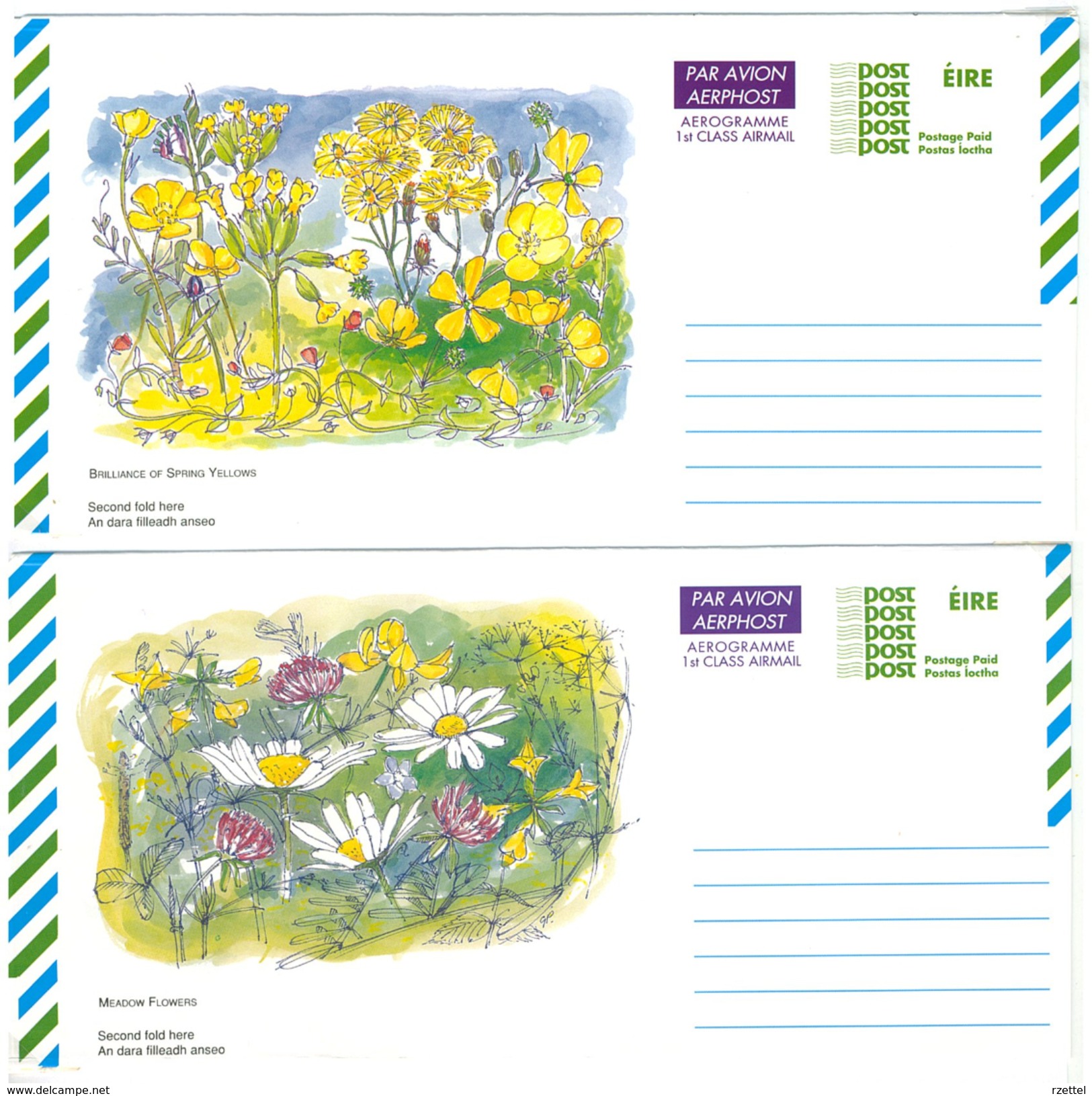 Irland, 2 Picture-Aerogrammes, Postage Paid, Spring Yellow + Meadow Flowers - Luftpost