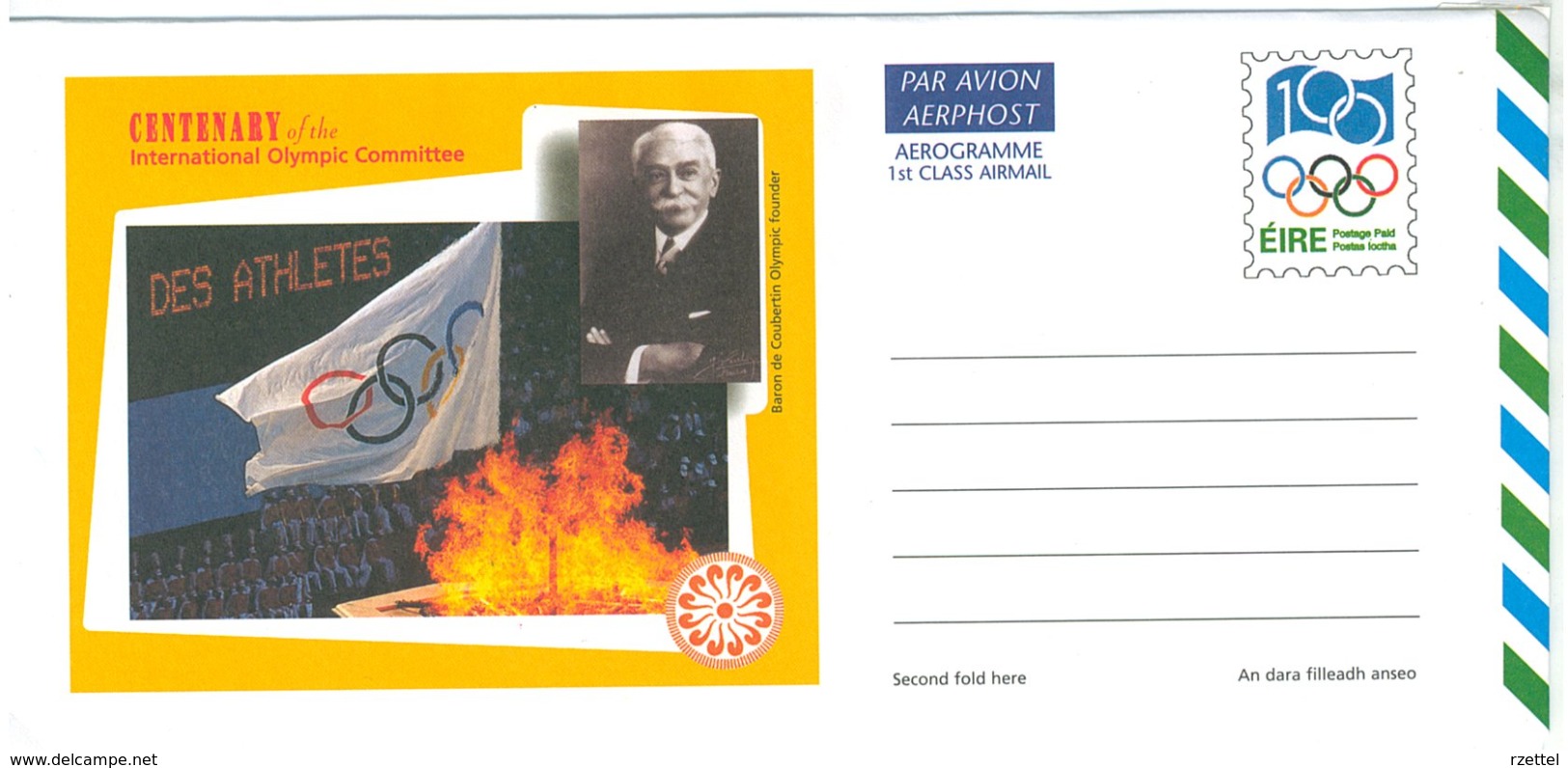Irland, Aerogramme 1994, Postage Paid, Centenary Of The Intenational Olympic Comitee, Baron De Coubertin - Airmail