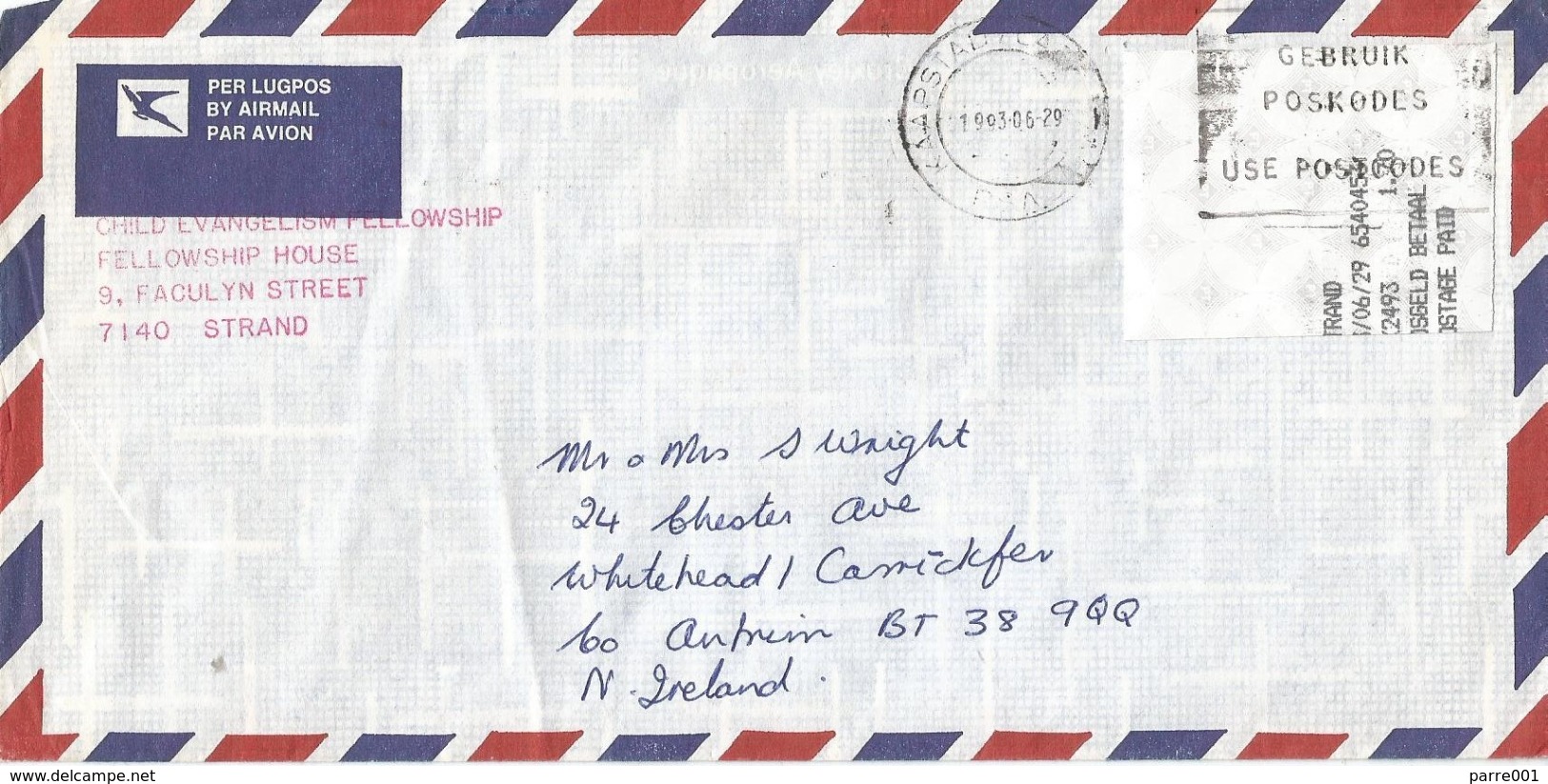 South Africa RSA 1993 Strand Meter Franking PO3.2 Olivetti ATM EMA FRAMA Cover Northern Ireland - Frankeervignetten (Frama)