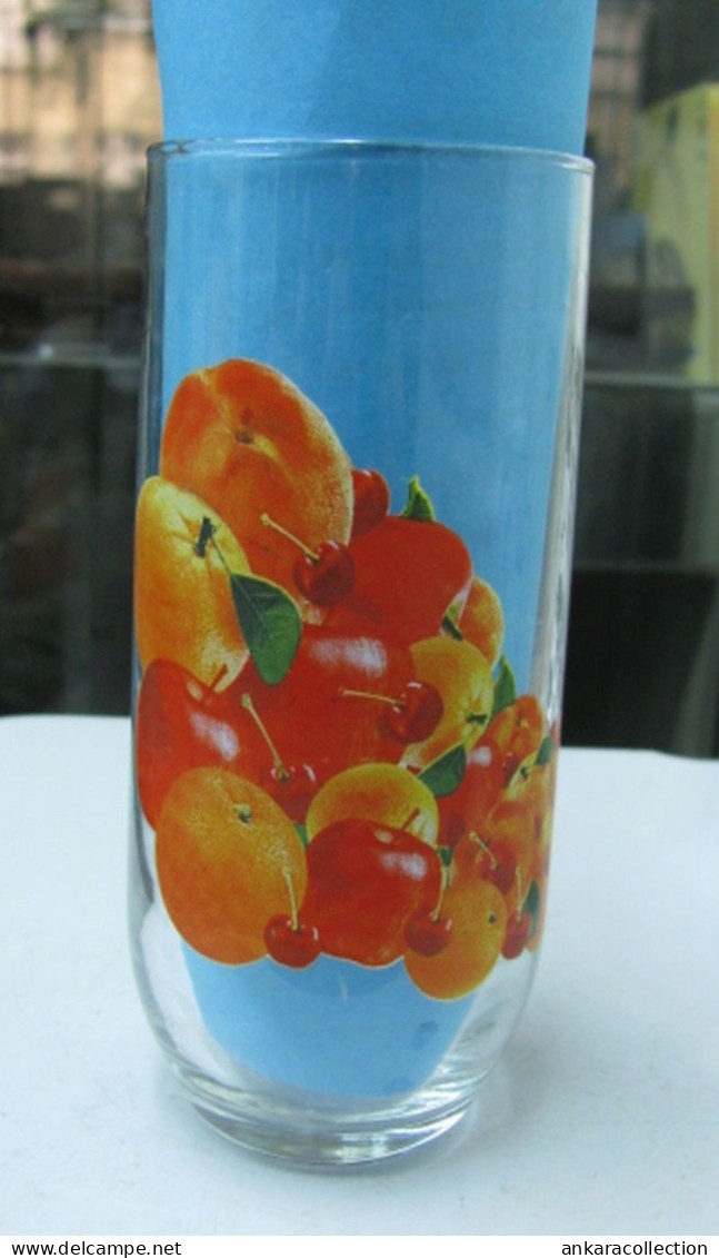 AC -  PINAR FRUIT JUICE ORANGE - CHERRY - APPLE - PEACH ILLUSTRATED GLASS FROM TURKEY - Verres